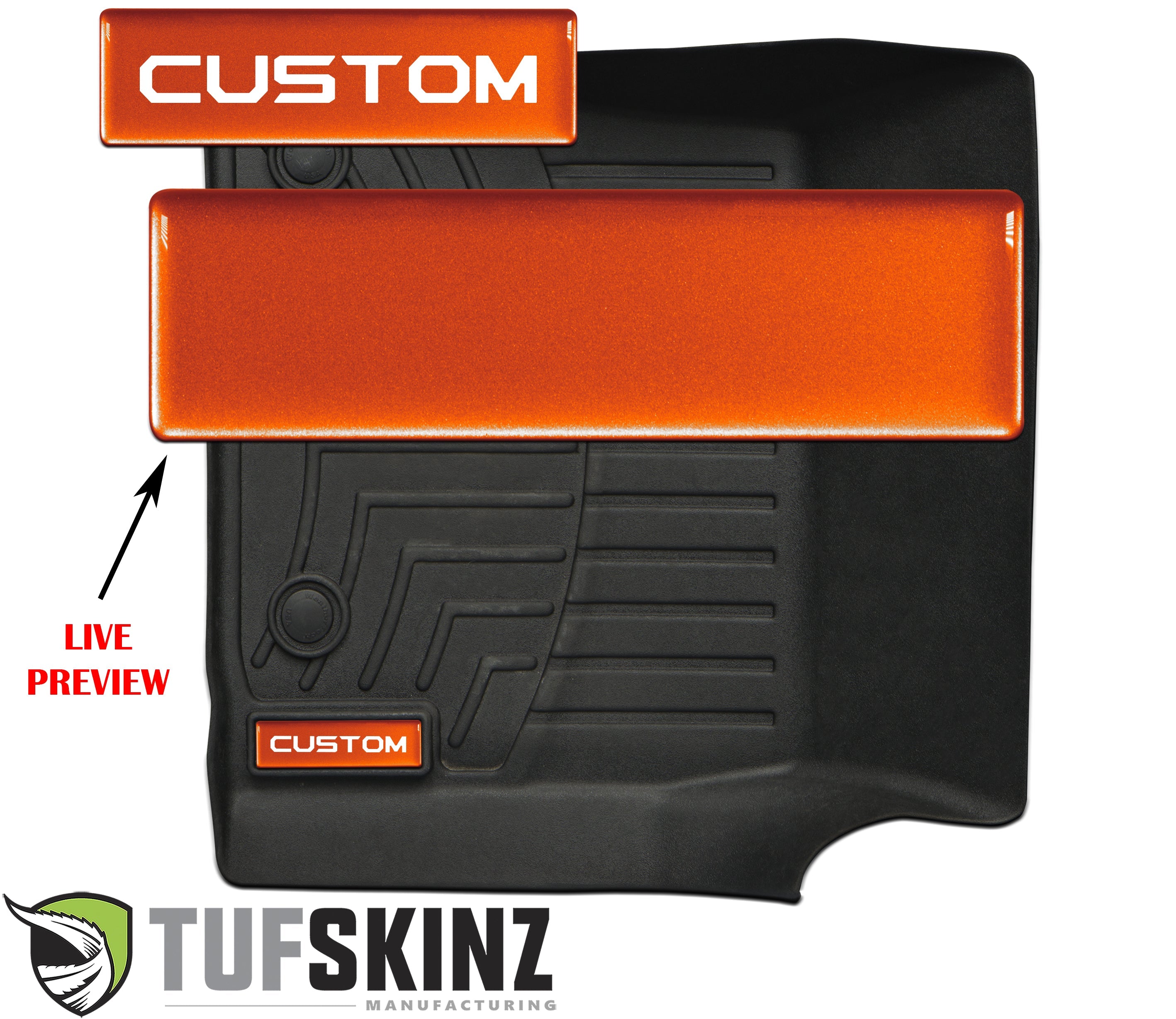 Custom orange and black Tufskinz floor mat for truck or SUV, with live preview label.