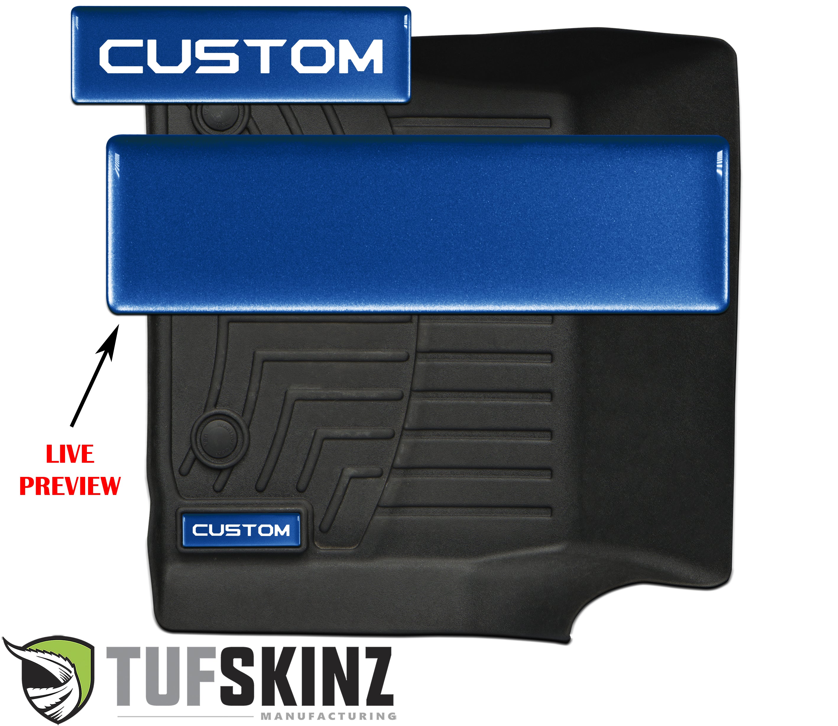 Custom blue emblem on black all-weather floor mat for off-road vehicles, Tufskinz branding