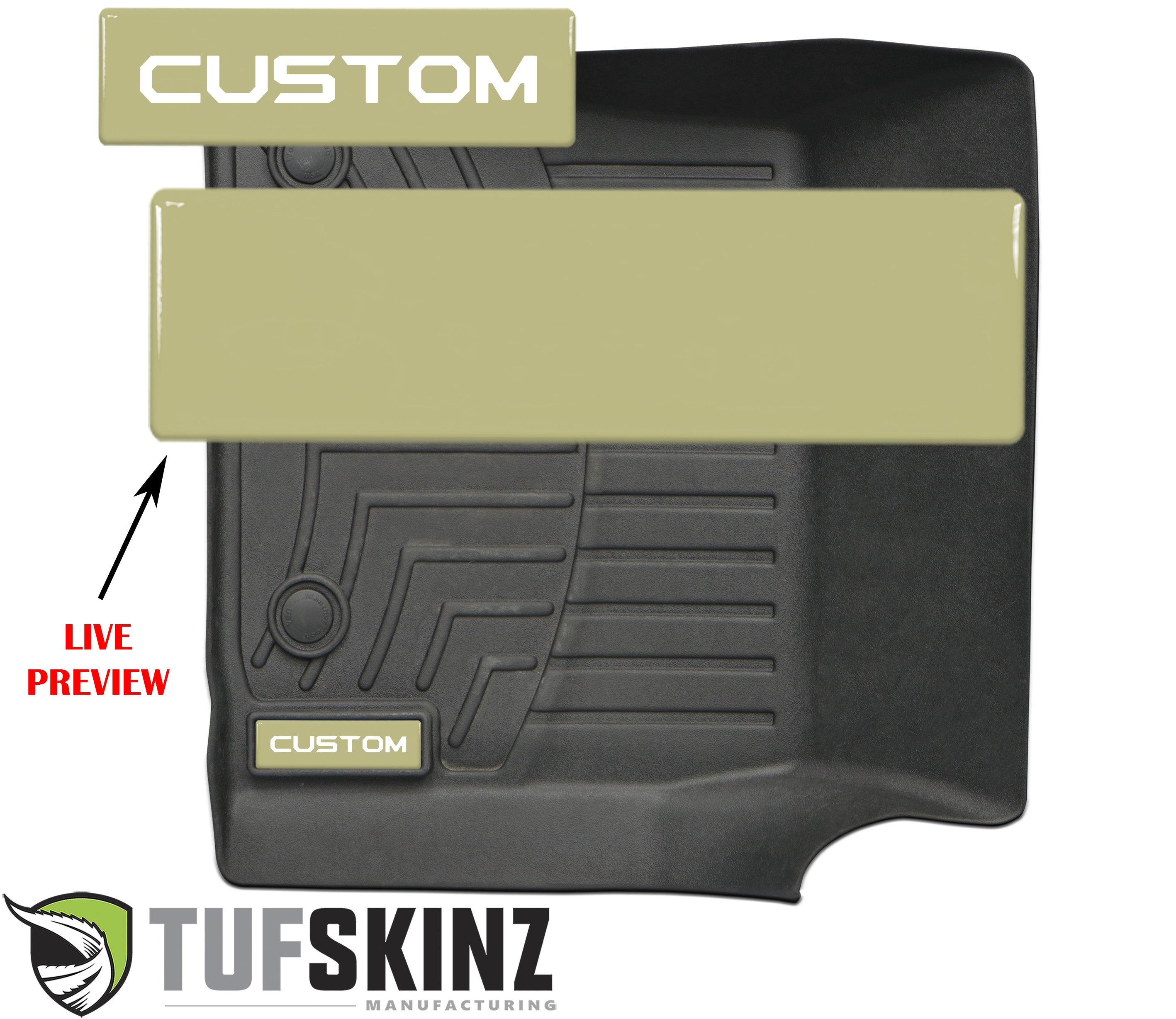 Custom-fit black floor mat with tan label for off-road vehicles, Tufskinz branding visible