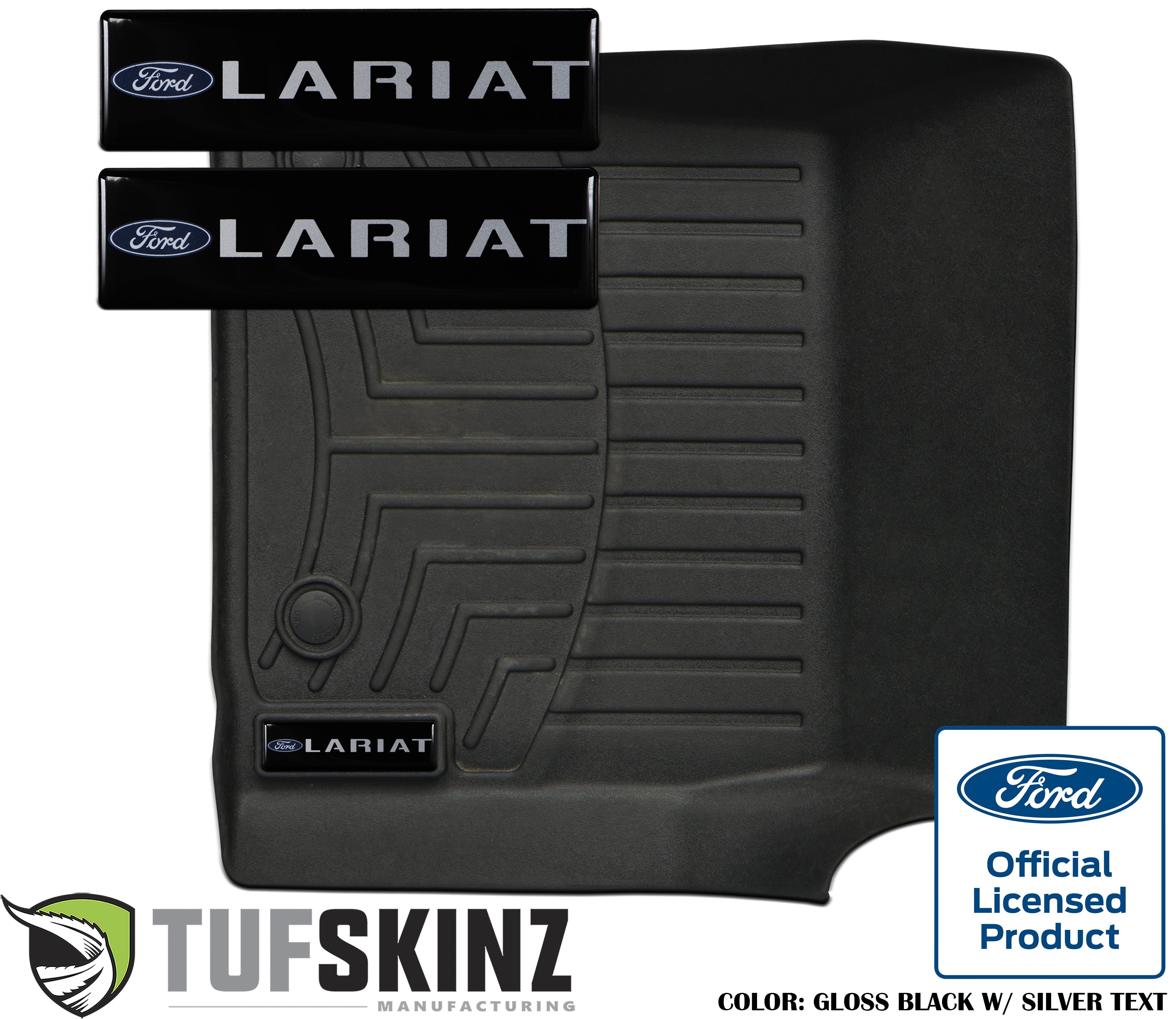 Ford Lariat floor mat badge emblems in gloss black with silver text, vehicle accessory.