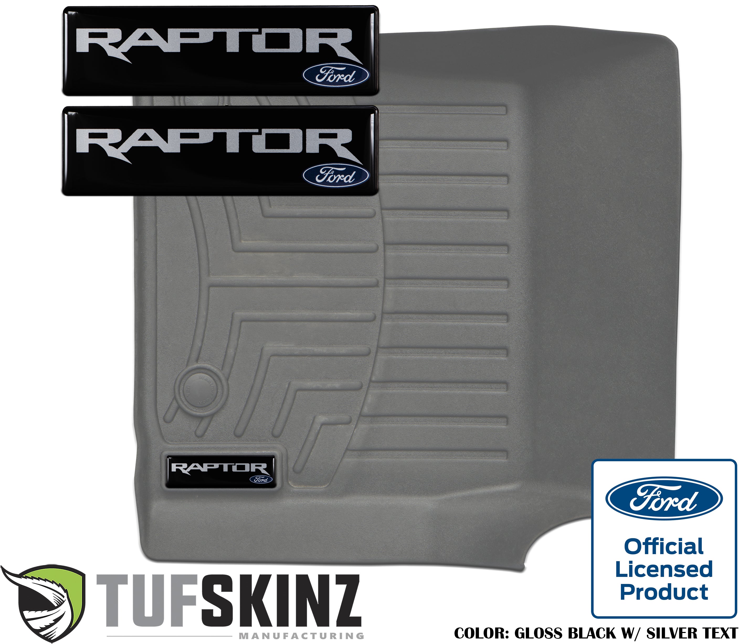 Ford Raptor gloss black and silver emblem badge for vehicle floor mats, official licensed product
