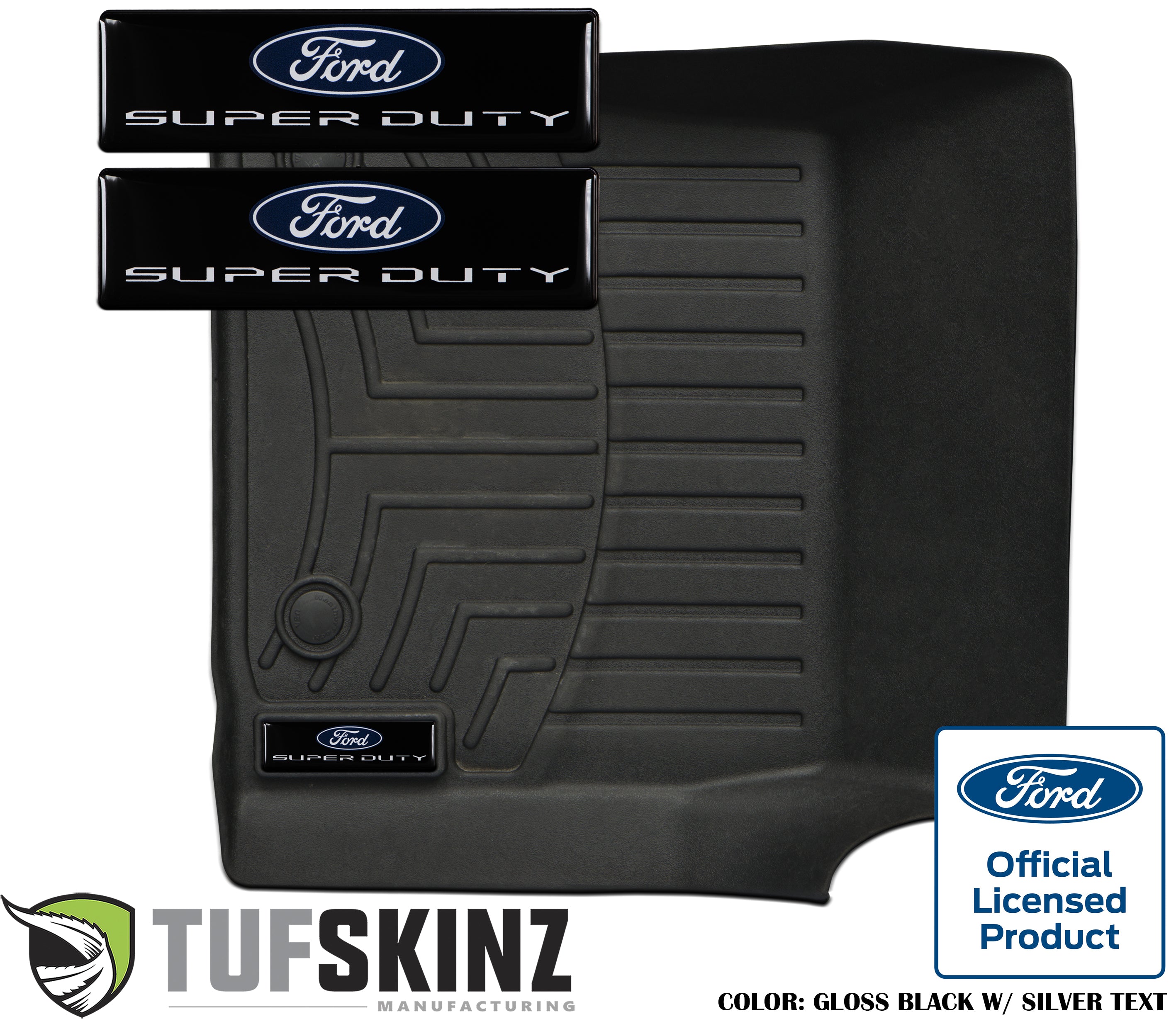 Black Ford Super Duty floor mat badge overlays with silver text, Tufskinz, official licensed product