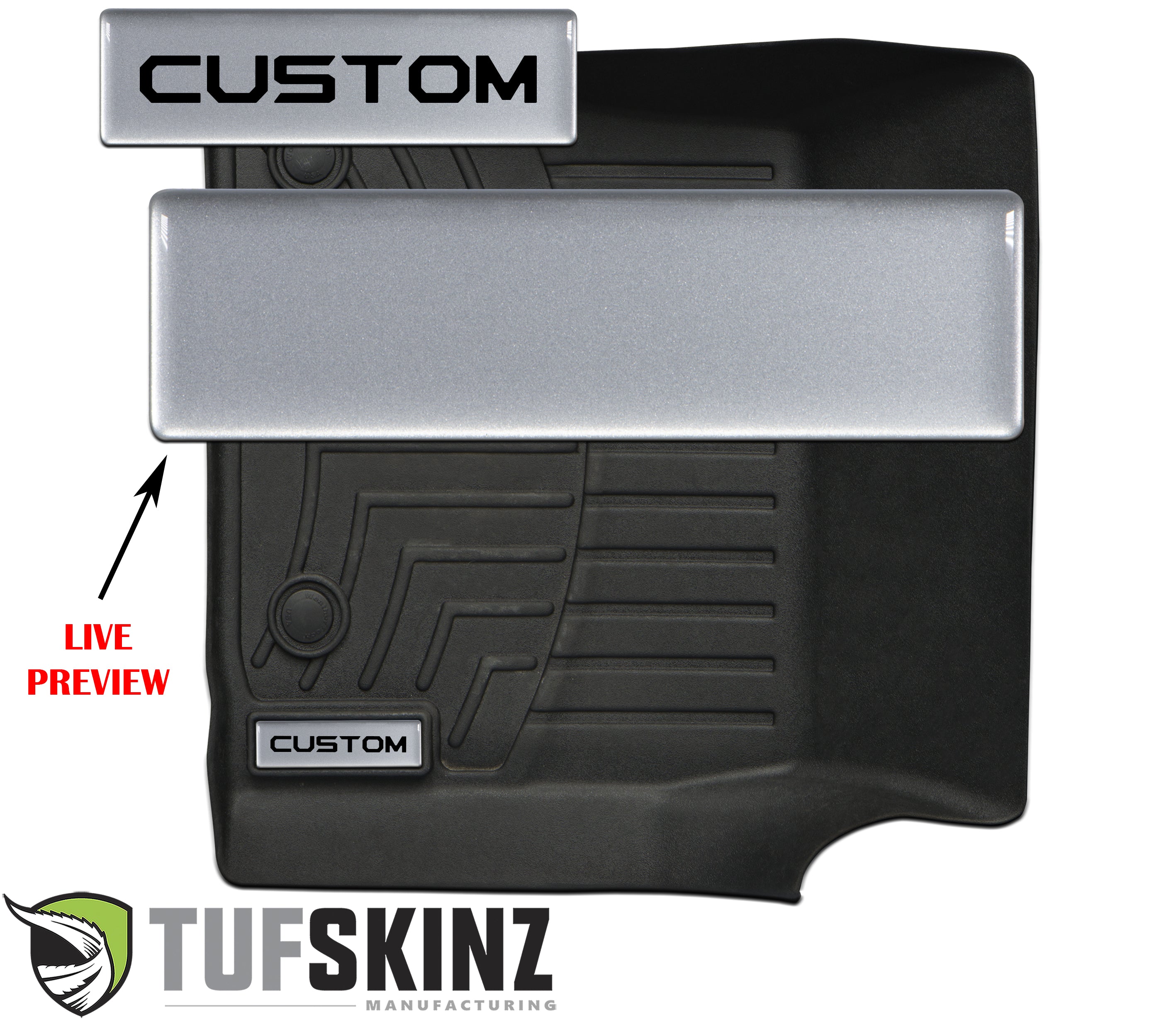 Custom black all-weather floor mat with raised edges and branding preview for overlanding vehicles