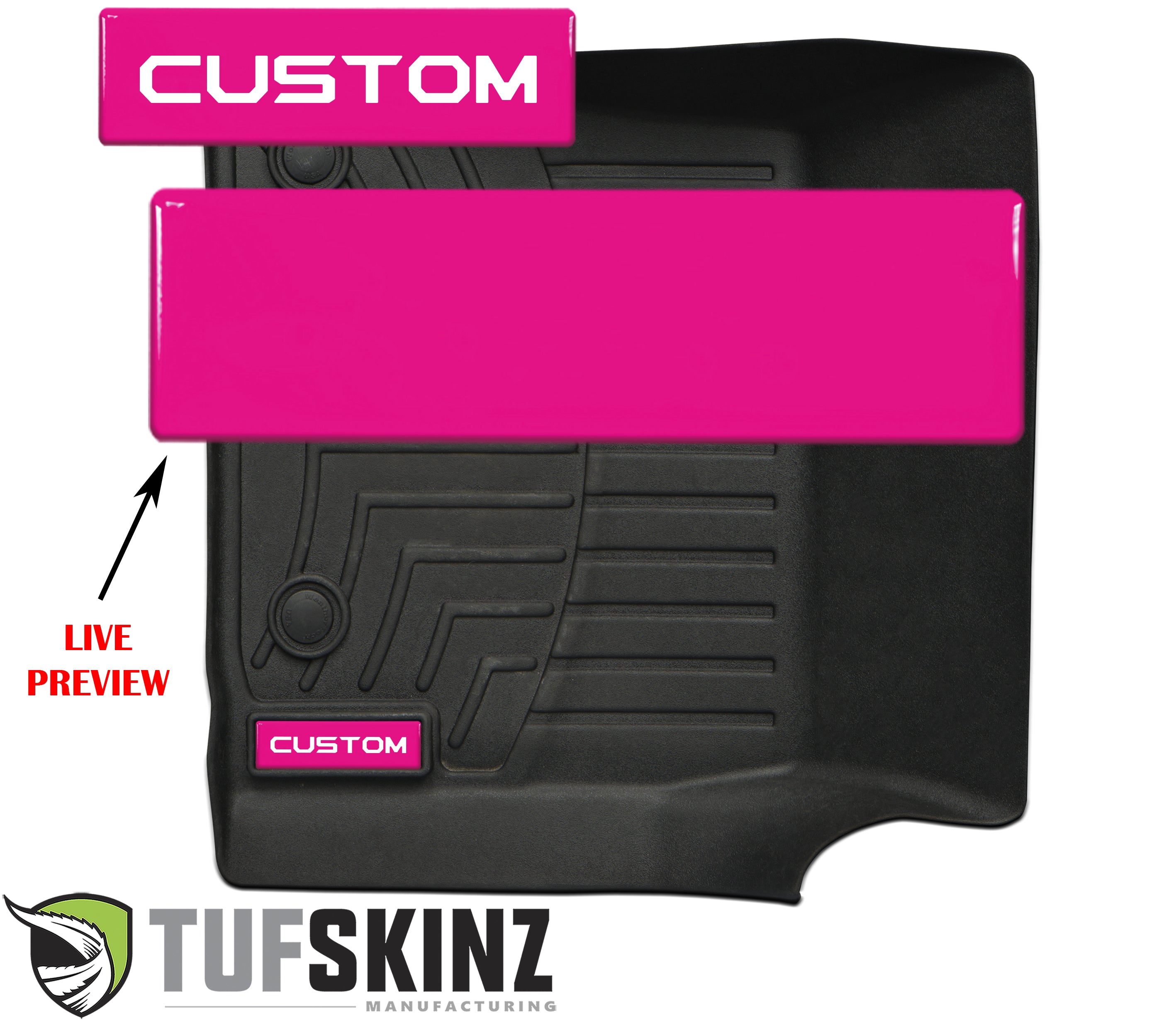 Custom black floor mat with pink accents for trucks and SUVs, shown with live preview feature.