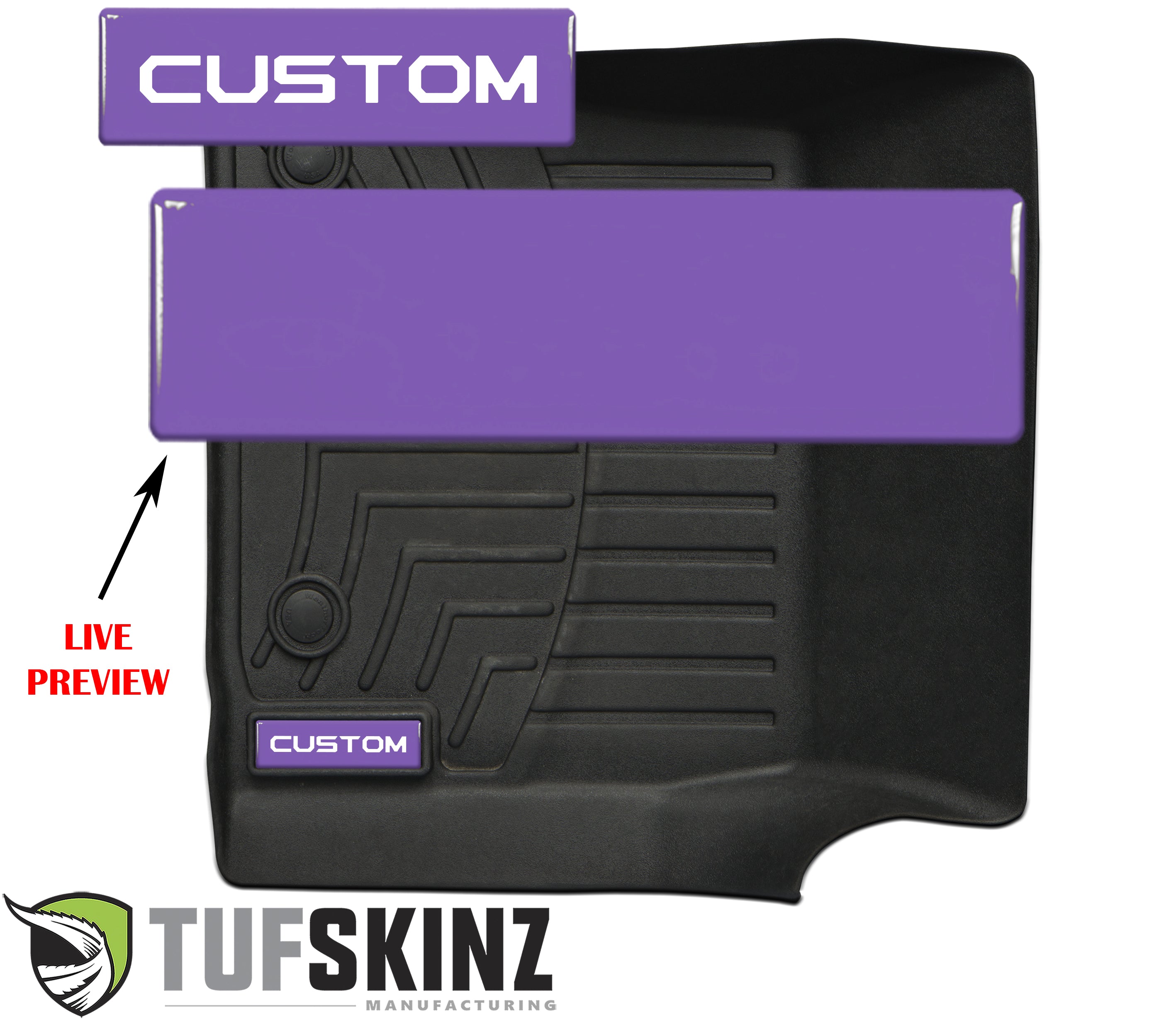 Custom black vehicle floor mat with purple label, branded Tufskinz, live preview feature