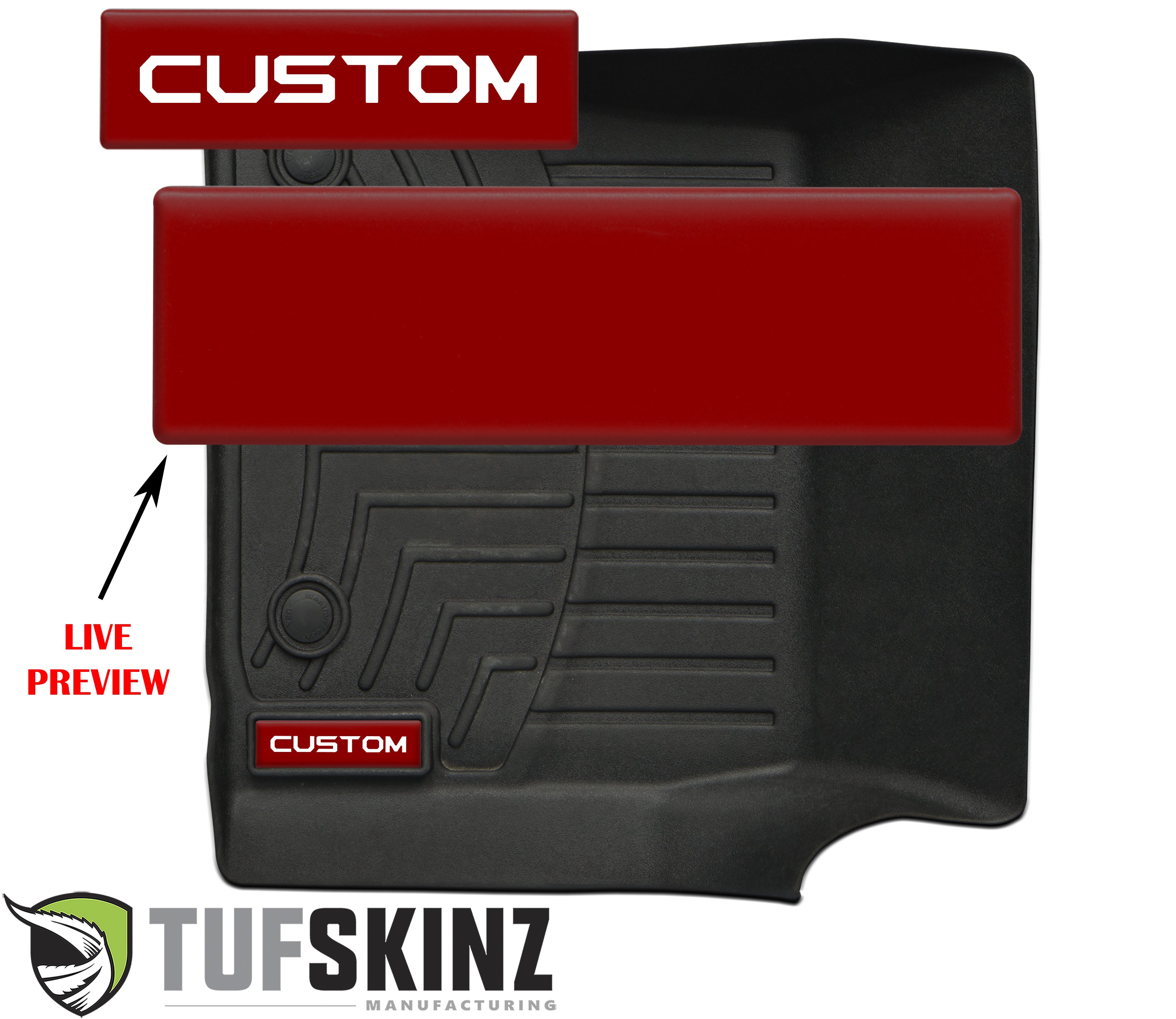 Custom black floor mat with red and white accents for off-road vehicles, live preview shown.