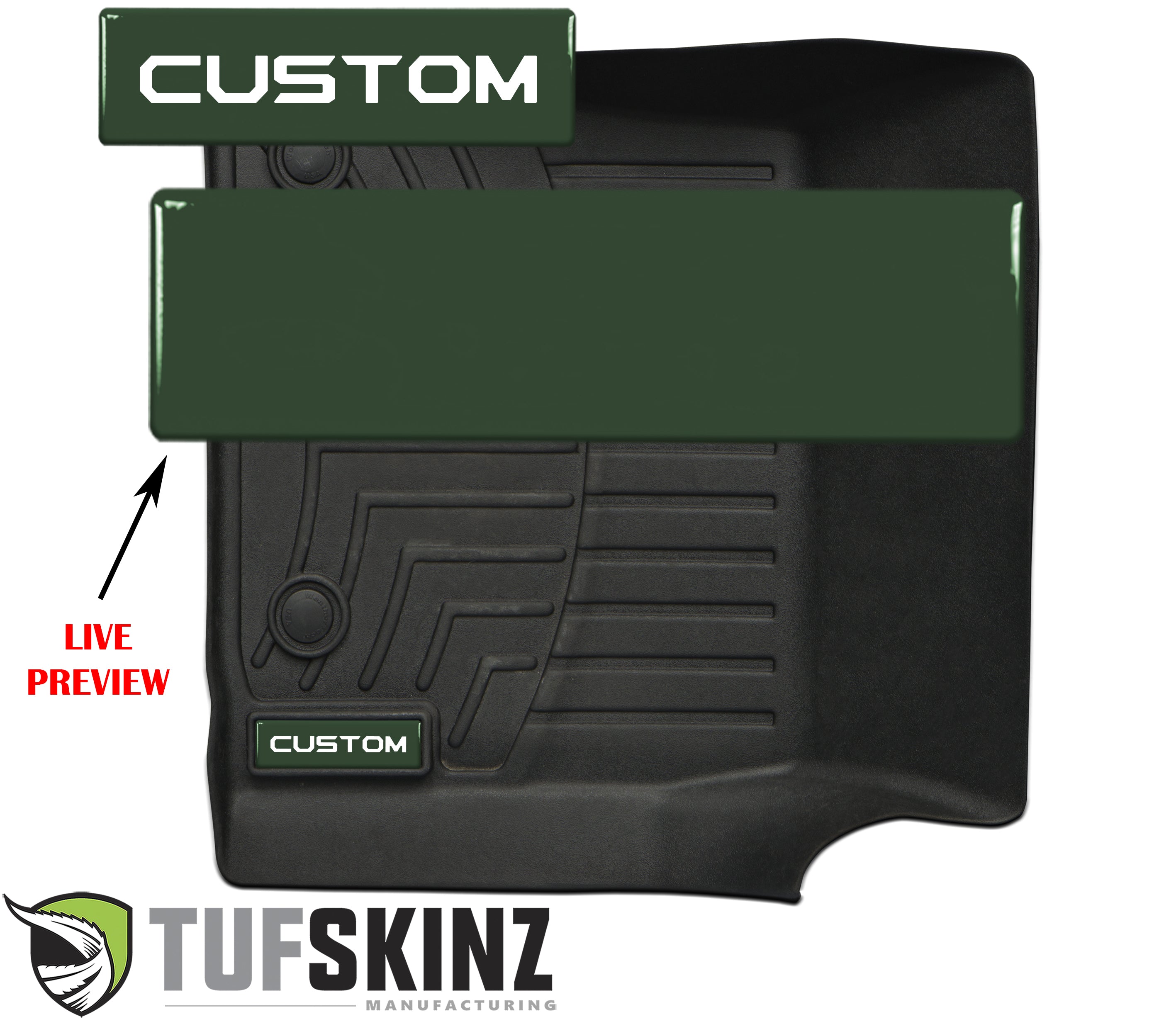 Custom all-weather floor liner for off-road vehicles with textured grooves, live preview feature