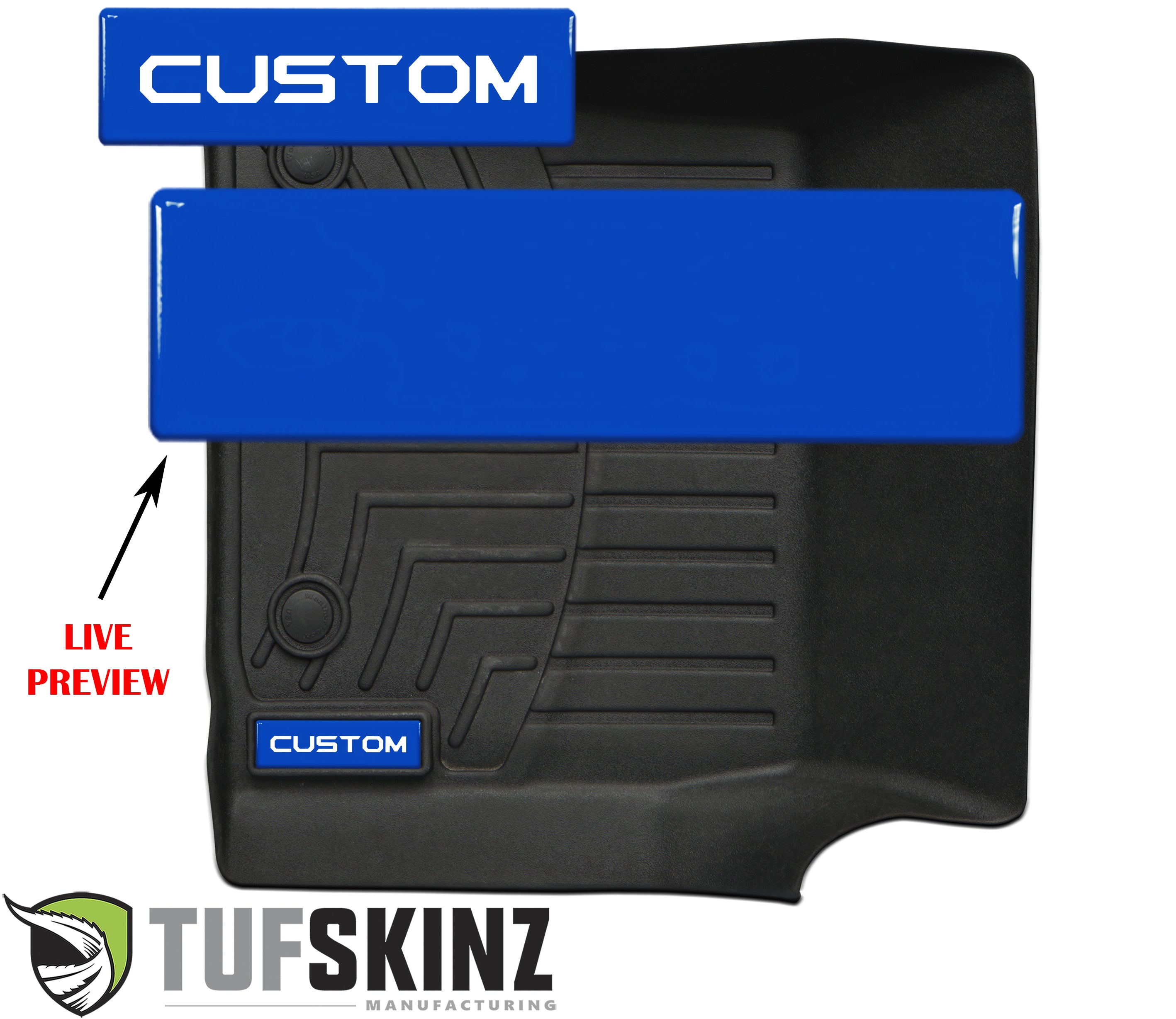 Custom black floor liner for vehicle with blue accent and Tufskinz branding, live preview shown.