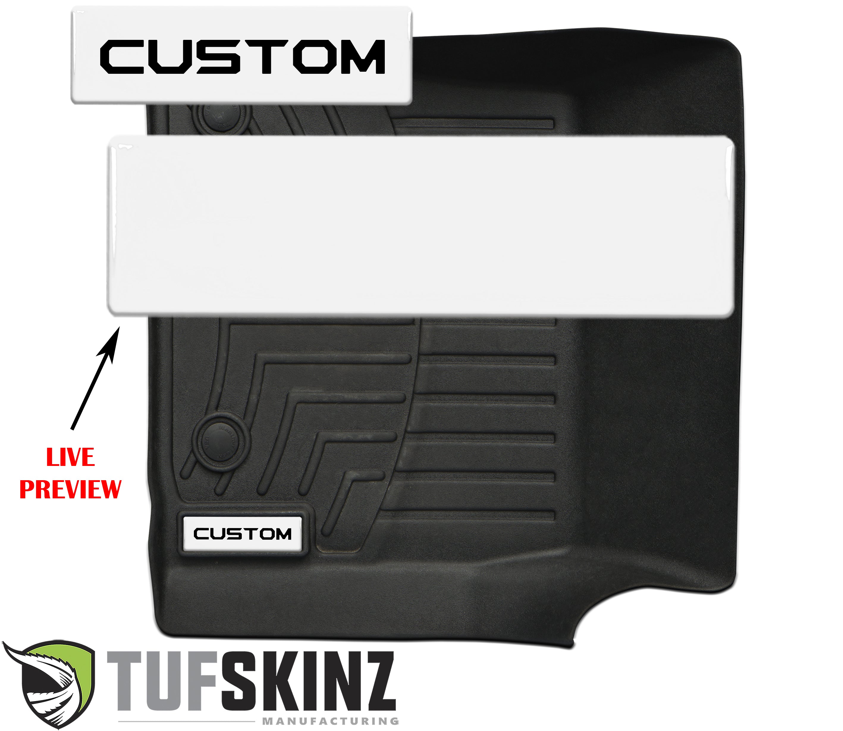 Custom black all-weather floor mat with textured grooves, Tufskinz manufacturing logo