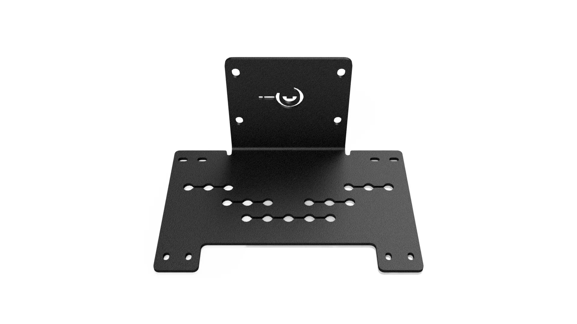 Black metal overland vehicle mount bracket with multiple slots and bolt holes for secure attachment