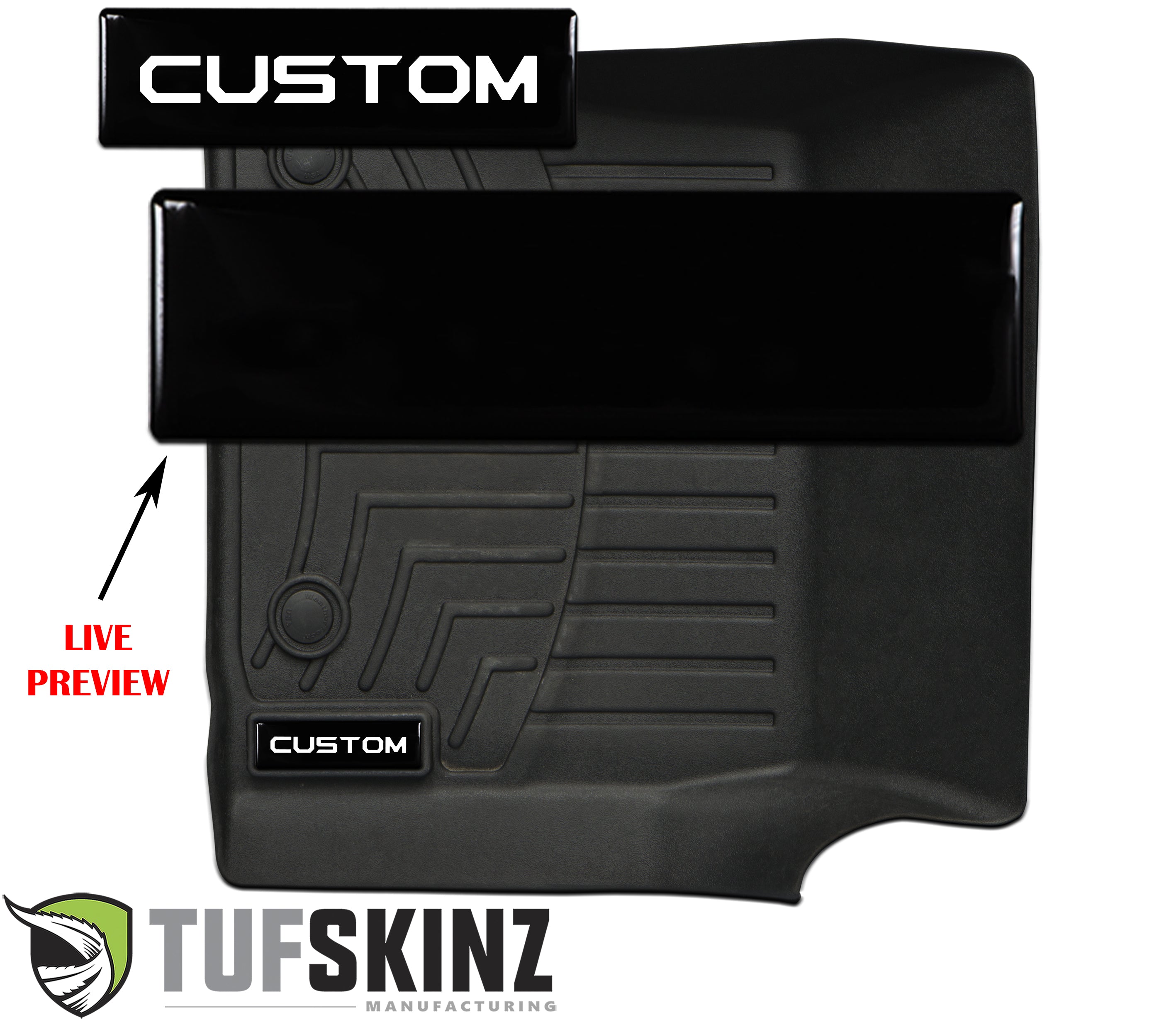 Custom-fit black floor mat for trucks and SUVs with Tufskinz logo and textured grooves.