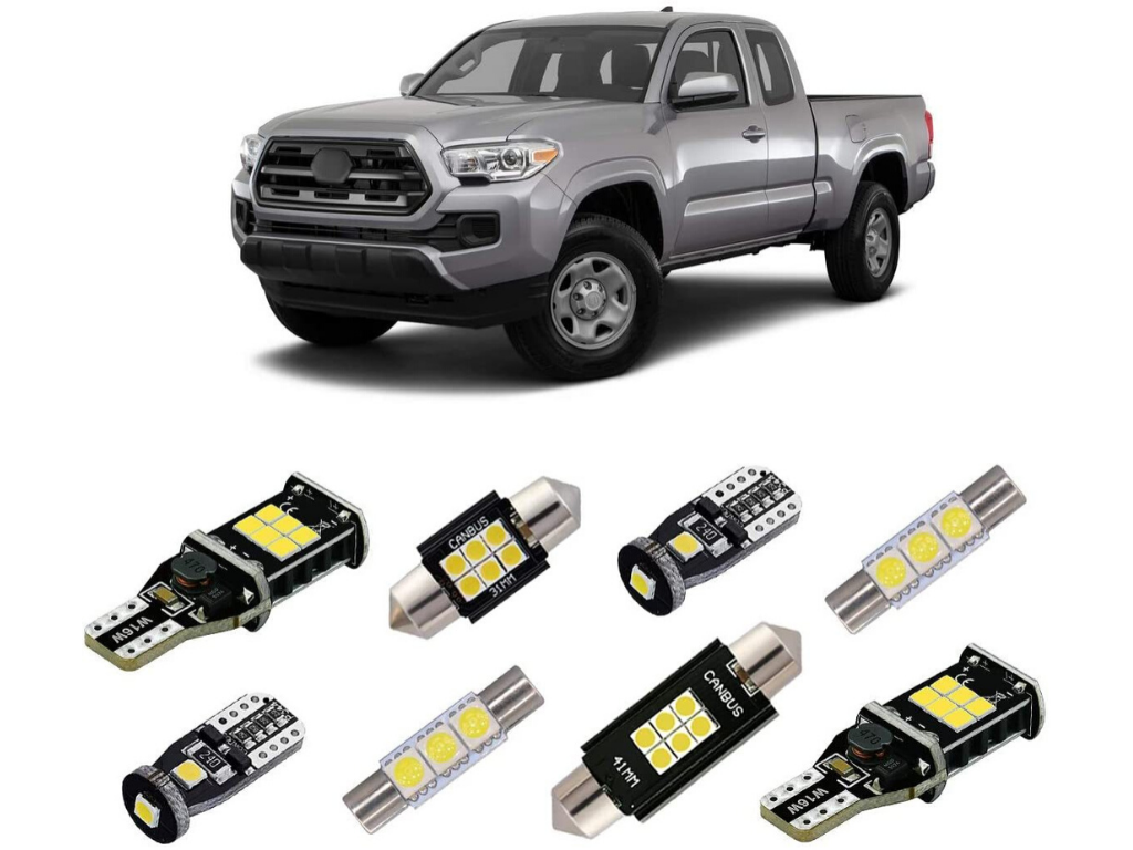 Toyota Tacoma with 9-piece interior LED light kit for 2016-2020 models displayed below