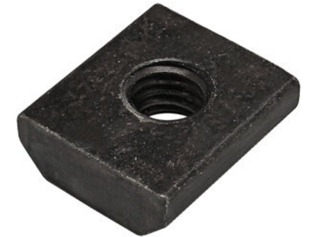 Threaded T-nut for bed rack extrusions, black rectangular metal hardware part