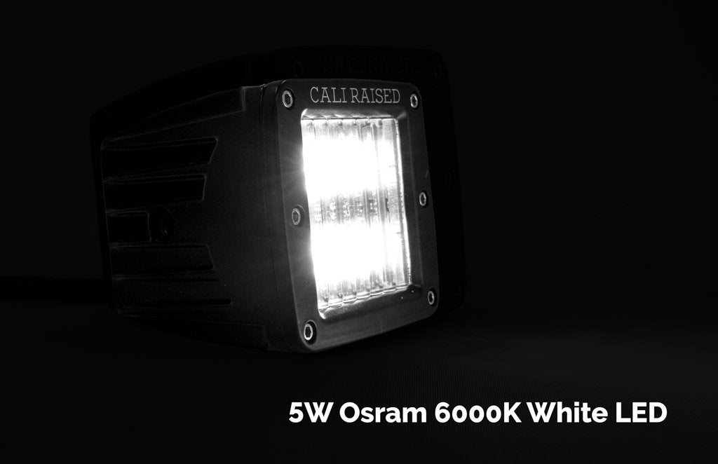 5W Osram 6000K white LED pod light for off-road overlanding vehicles, illuminated on black background