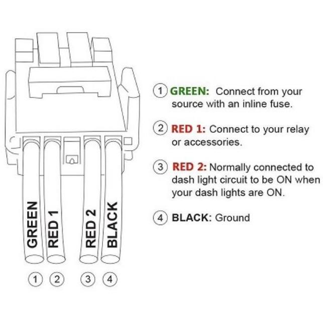 Toyota OEM style switch wiring diagram showing labeled green, red, and black wires with connection instructions.