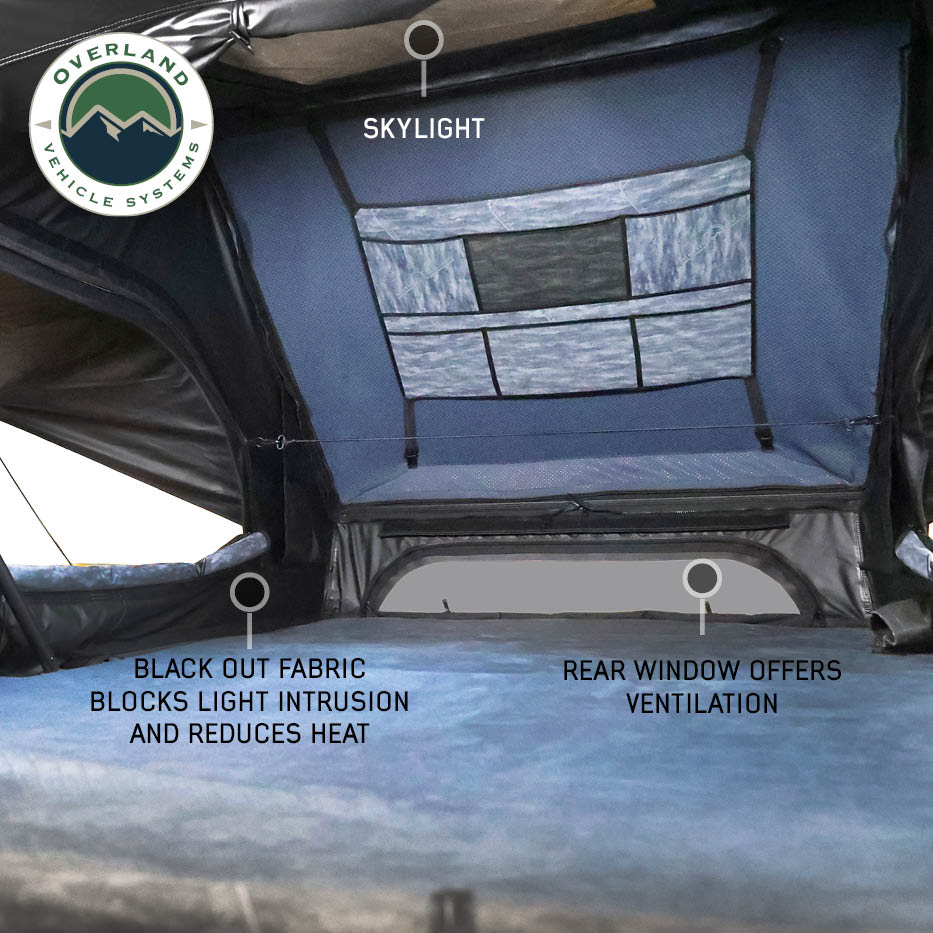Overland Vehicle Systems XD Atlas cantilever hard shell roof top tent, blue body and black rainfly - view 6
