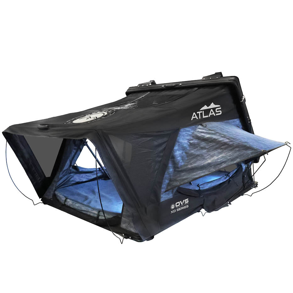 Overland Vehicle Systems XD Atlas cantilever hard shell roof top tent, blue body and black rainfly