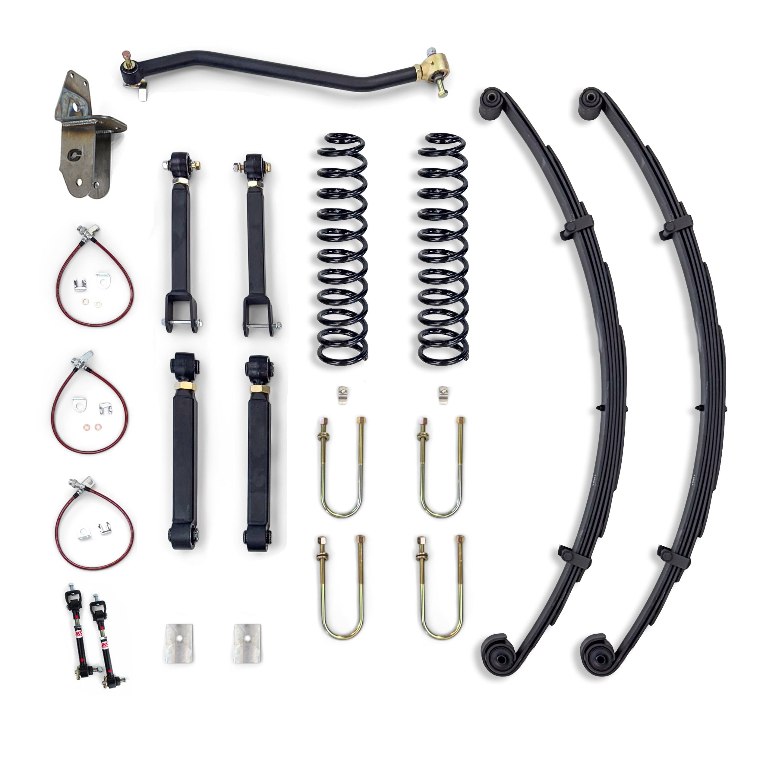 Jeep suspension lift kit with control arms, leaf springs, coil springs, U-bolts, and hardware