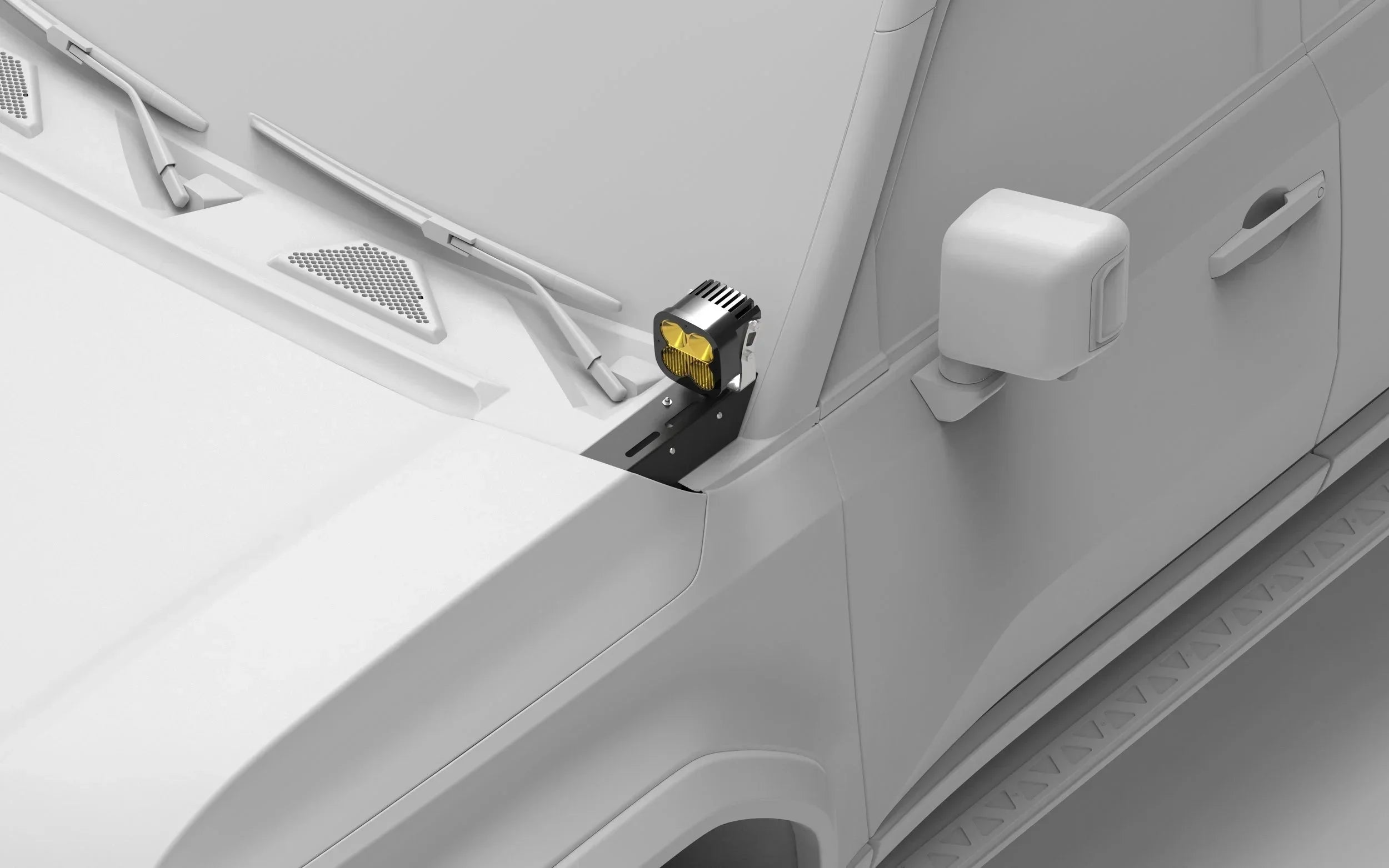 Off-road LED ditch light mount on vehicle hood, ideal for overlanding and adventure trucks