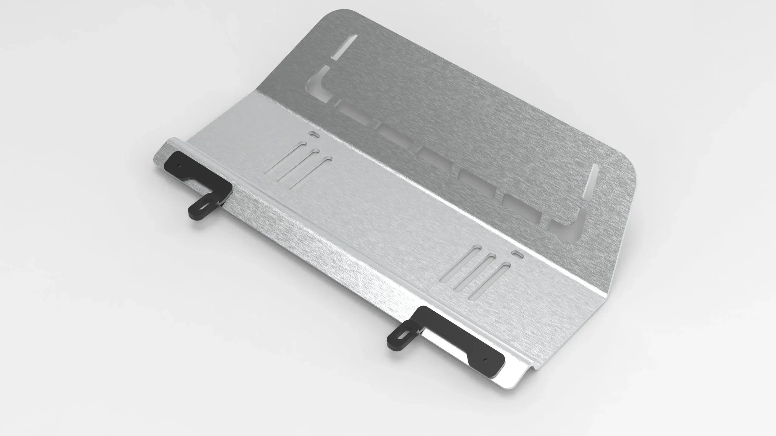 Aluminum skid plate for off-road vehicle, vented with black mounting brackets on white background