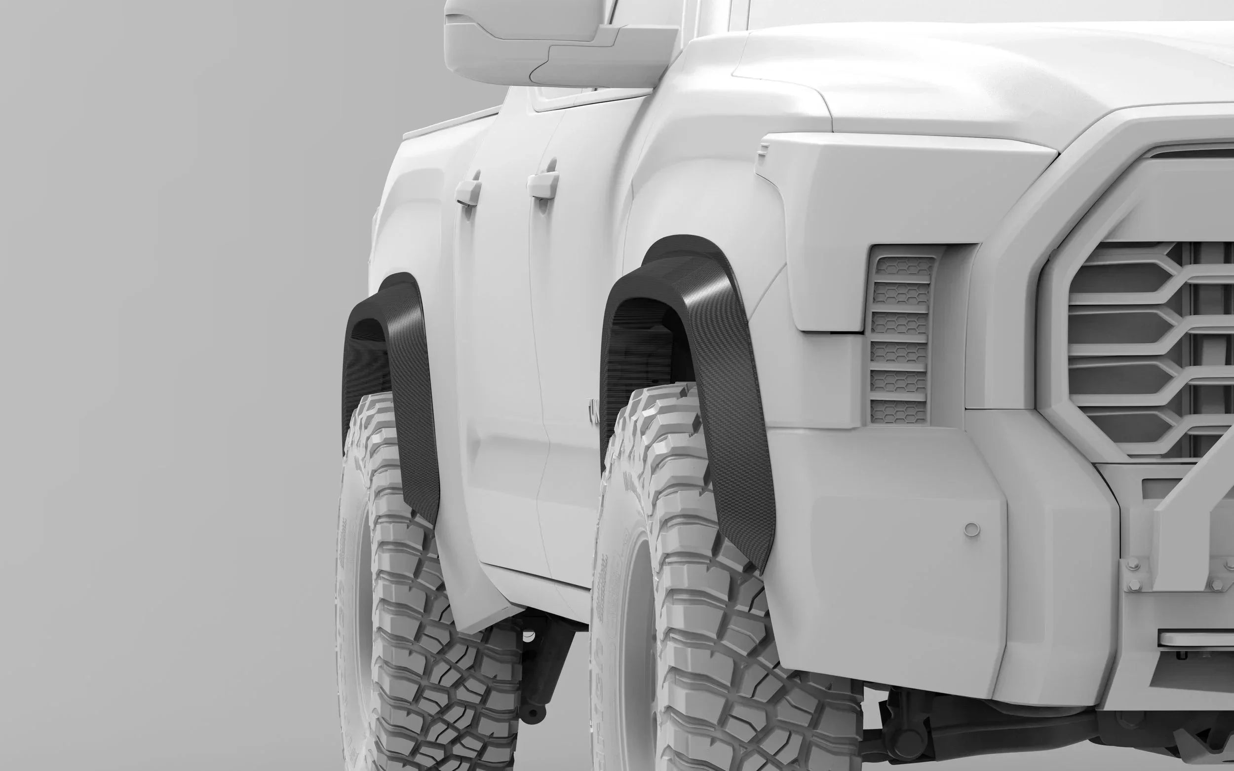 Off-road vehicle with wide fender flares and all-terrain tires for overlanding