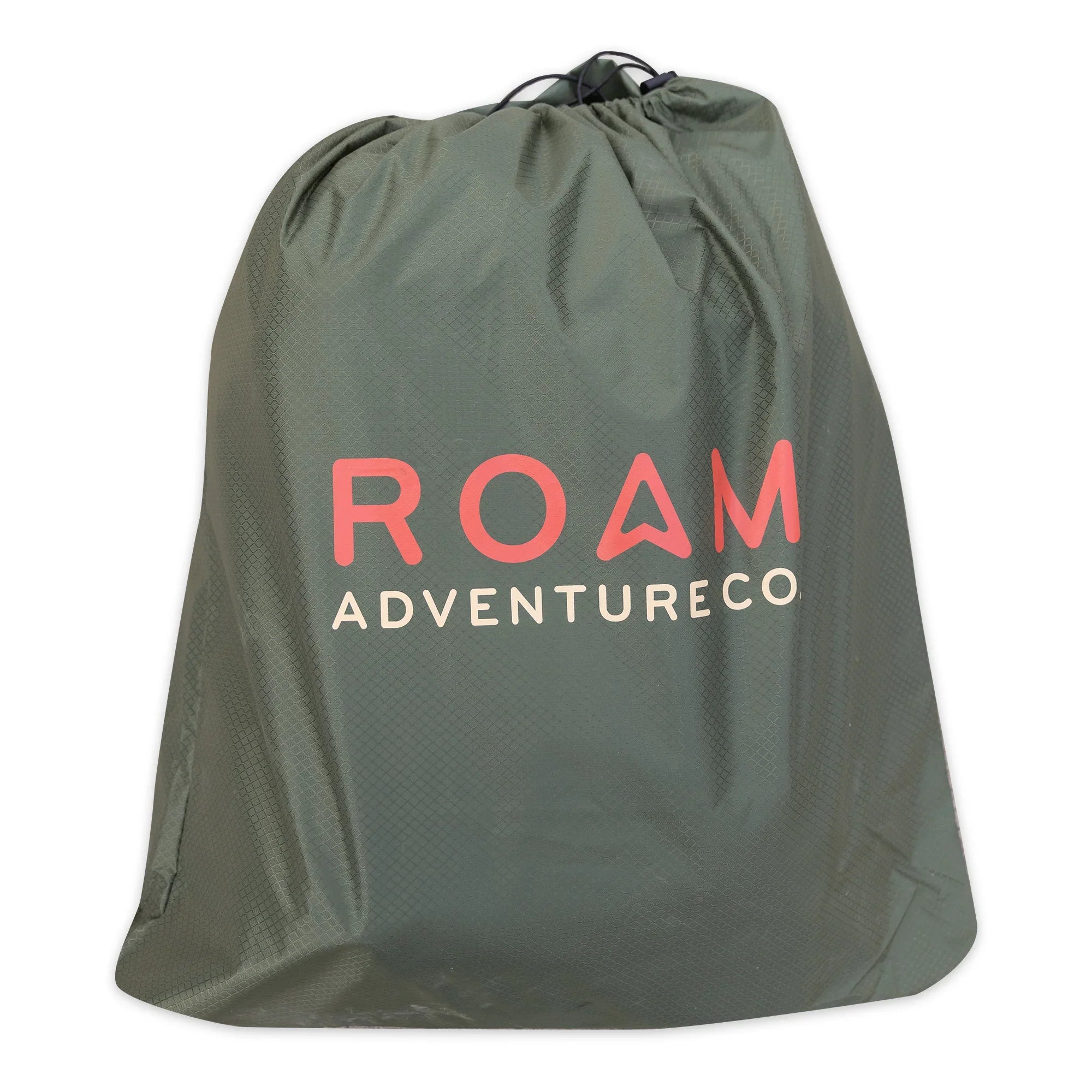 Green drawstring gear bag with ROAM Adventure Co. logo for camping and overlanding