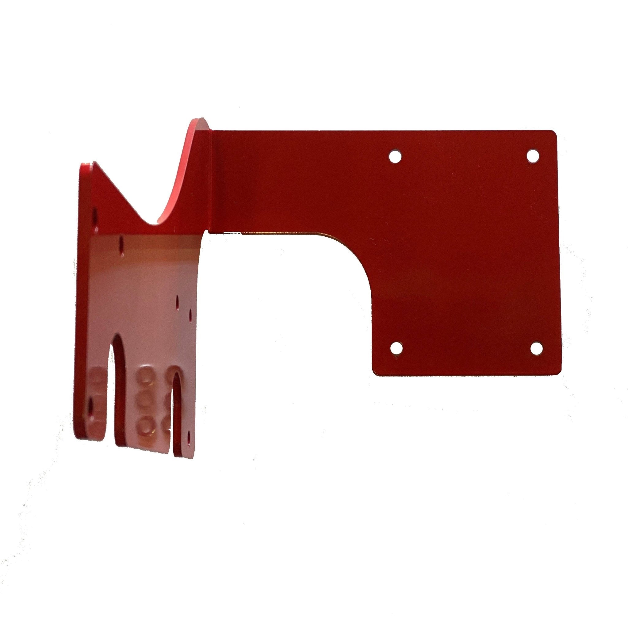 Red steel tank mounting bracket with multiple bolt holes for GM trucks and SUVs