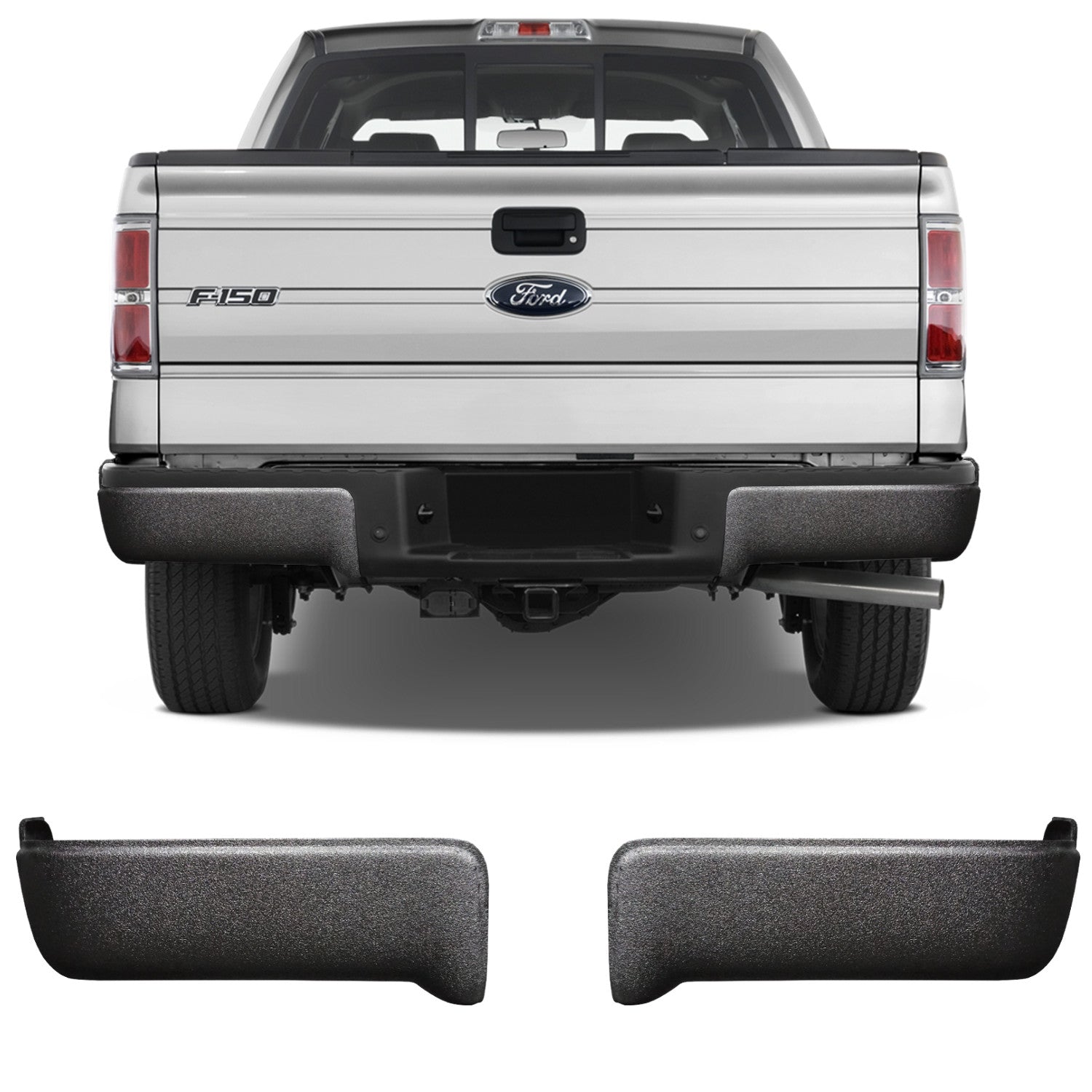 Armor-coated rear BumperShellz chrome delete caps for 2009-2014 Ford F150, no parking sensor cutouts, durable design.