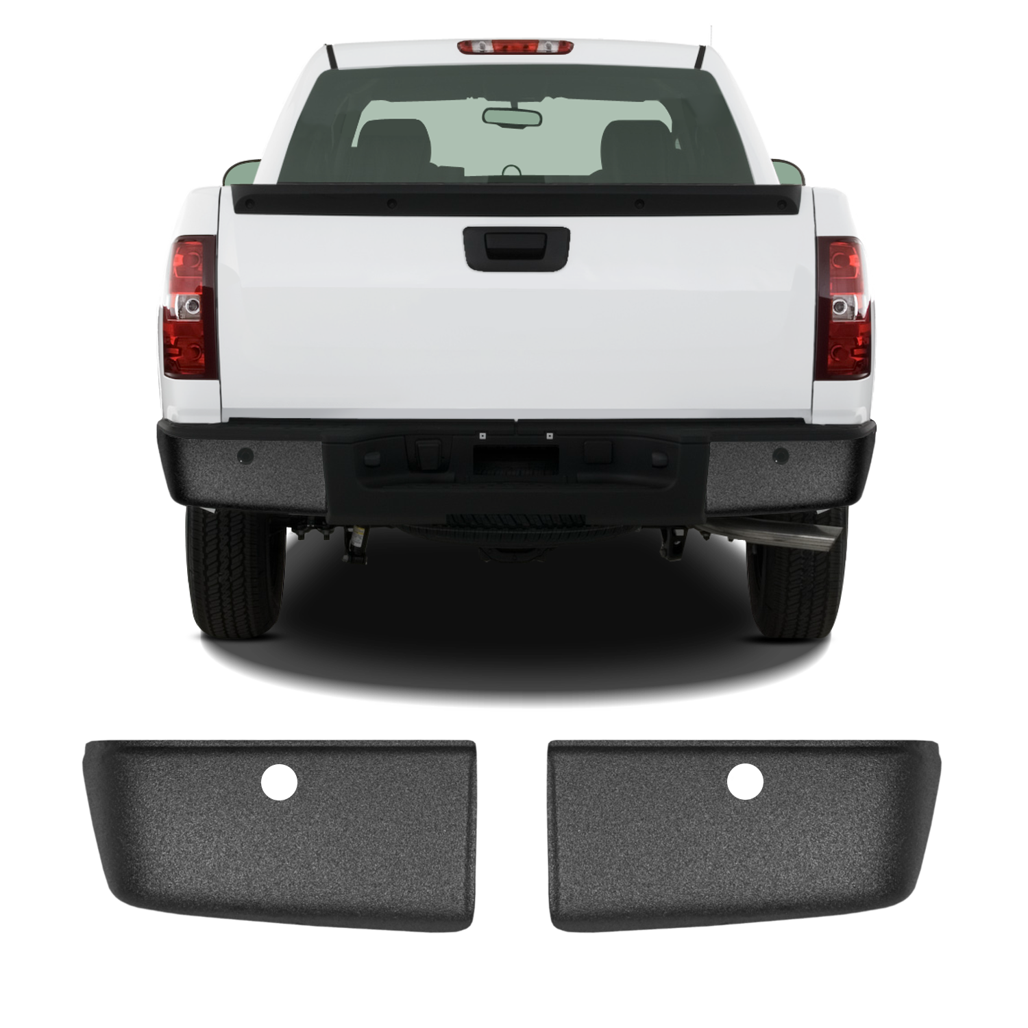 Armor-coated rear bumper cover for 2007-2013 Chevy Silverado/GMC Sierra, with parking sensor hole cutouts, rugged design.