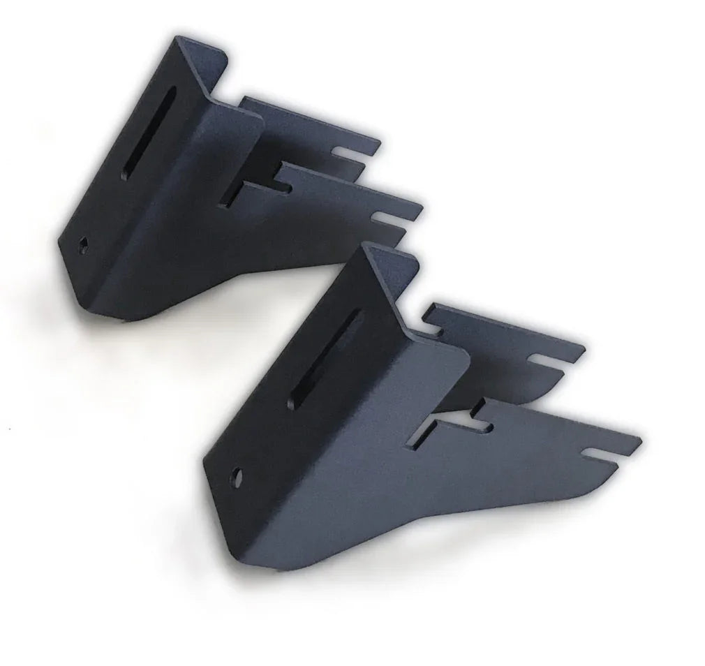 Pair of black steel awning mounting brackets for overlanding vehicles
