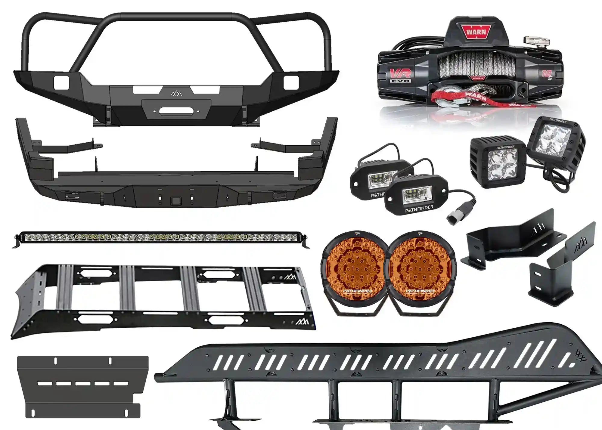 Backwoods Adventure Mods Ultimate Off Road Accessory Kit bundle for 3rd Gen 2016-2023 Toyota Tacomas including front and rear Hi-lite series Hybrid Bumpers, Rock Sliders, DRIFTR Roof Rack, Warn Winch and complete set of Pathfinder LED off road lights