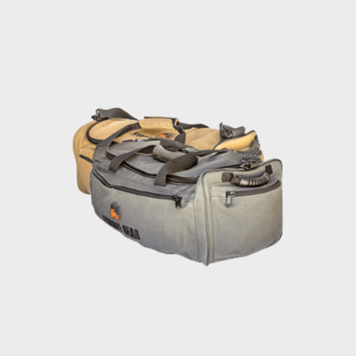 Heavy-duty gray and tan duffel bag with side pockets for overlanding or camping gear