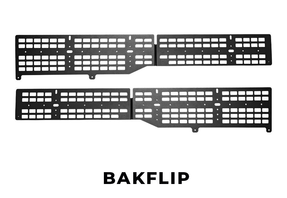 Black modular truck bed accessory panels with grid cutouts, labeled BAKFLIP