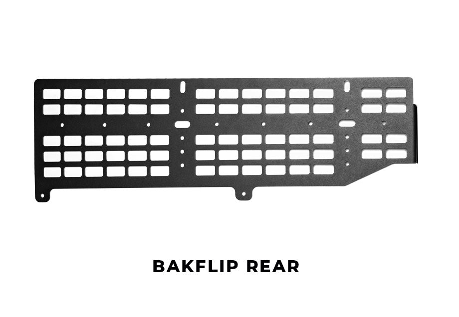 Black steel rear molle panel for truck bed organization and overlanding gear mounting