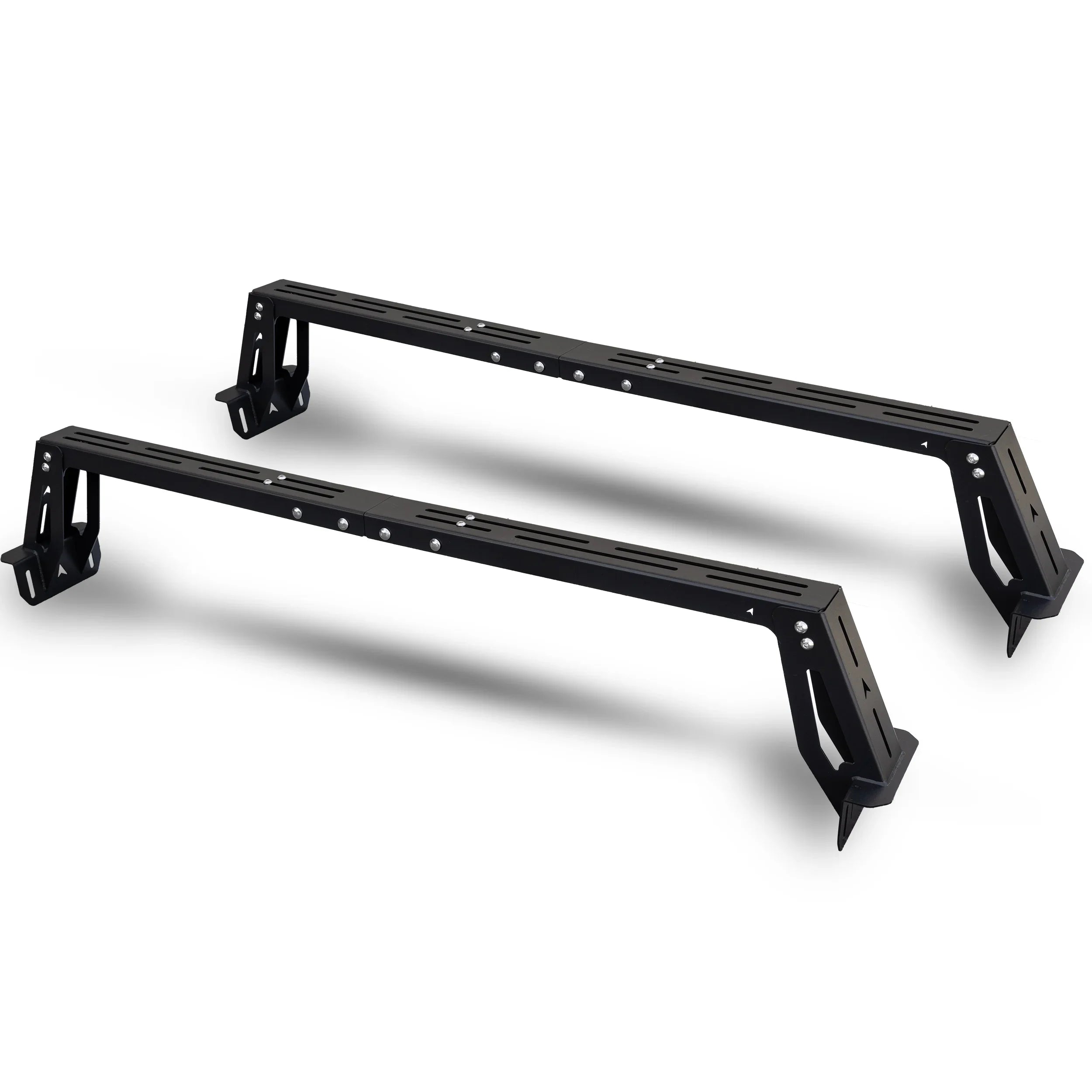 Pair of black steel bed bars for truck bed cargo management and overlanding accessories