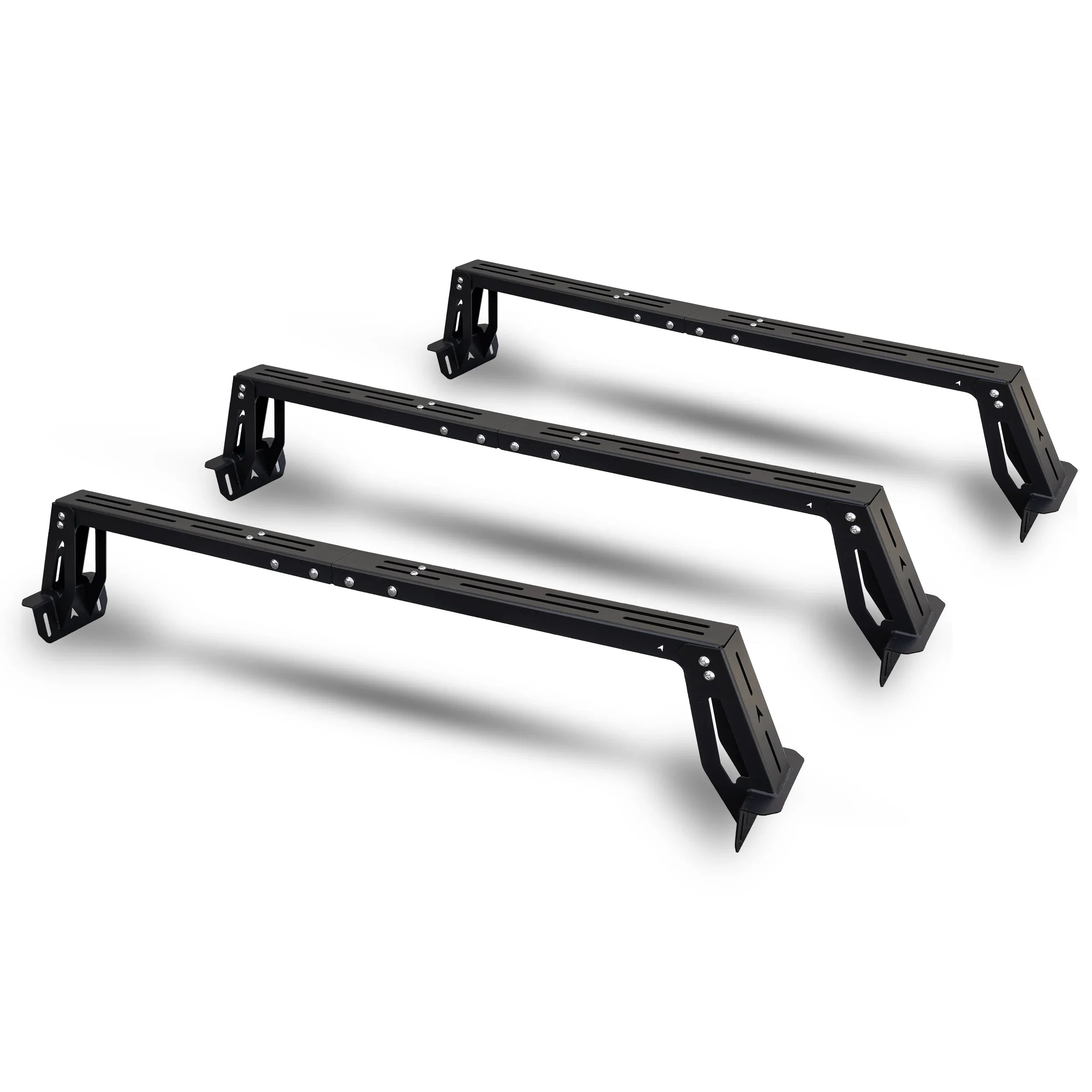 Set of three black metal truck bed bars for overlanding and expedition gear mounting