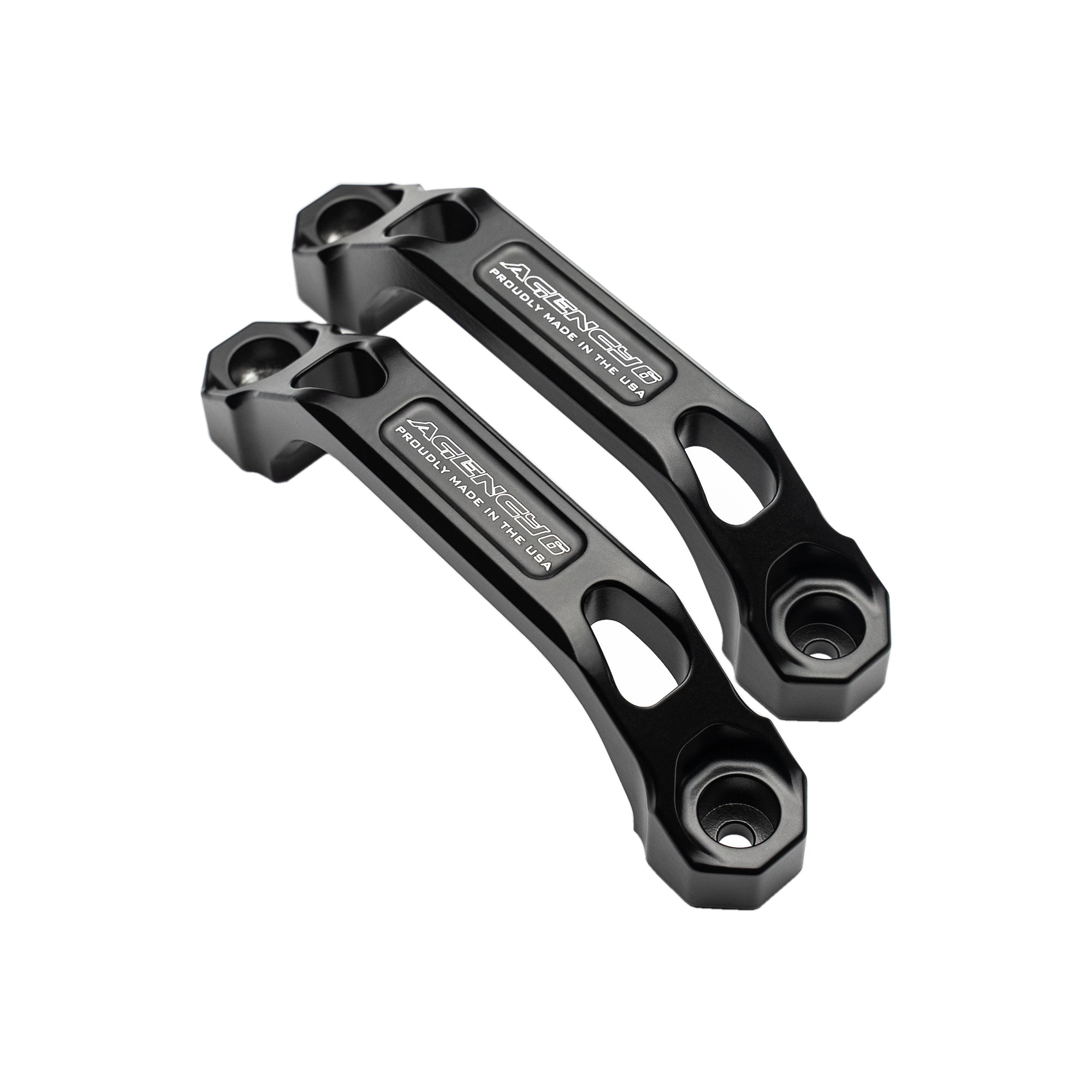 Pair of black aluminum grab handles for off-road vehicles, labeled 'Proudly Made in the USA'.