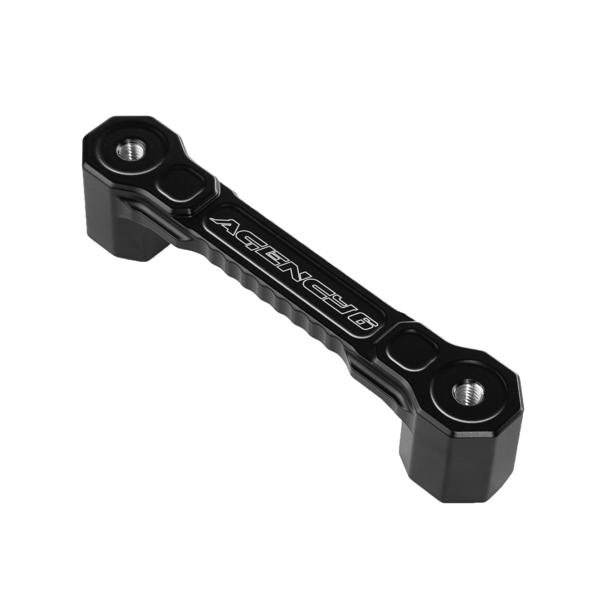 Black machined aluminum grab handle with threaded holes, suitable for off-road vehicle interiors.