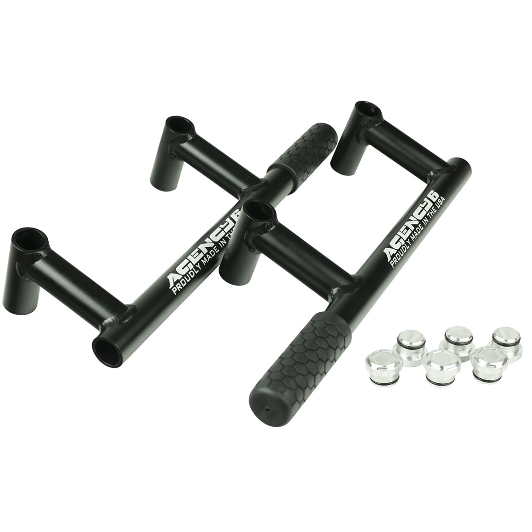 Black metal grab handles with textured grips and mounting hardware for off-road vehicles