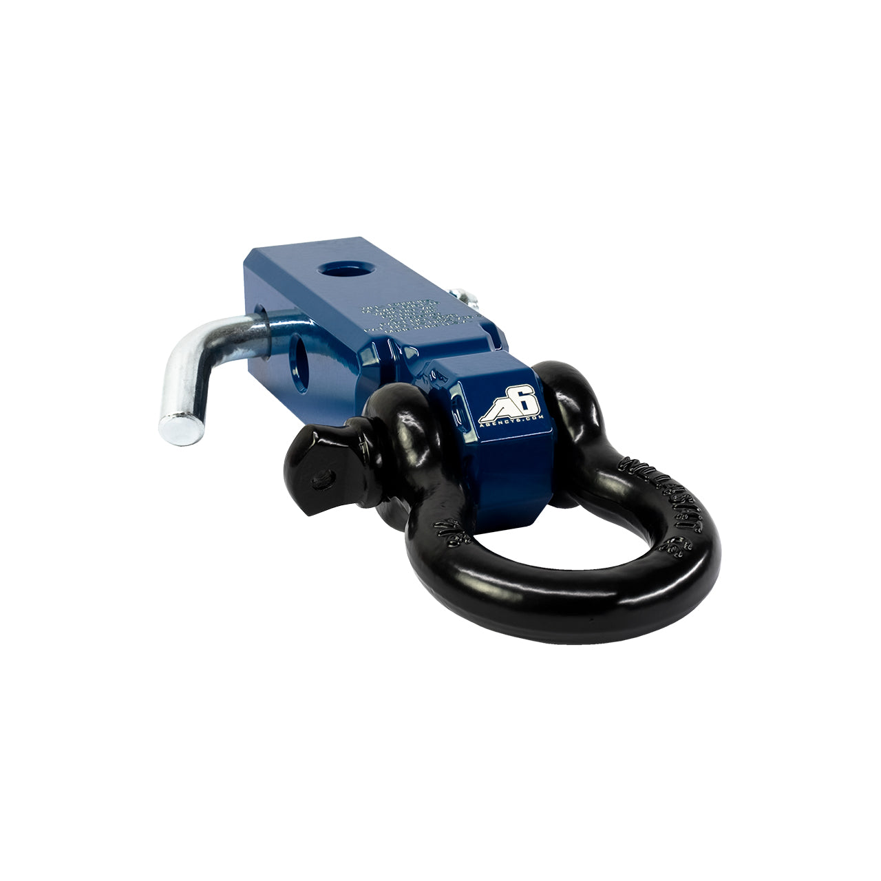 Blue aluminum shackle hitch block with black D-ring for off-road vehicle recovery