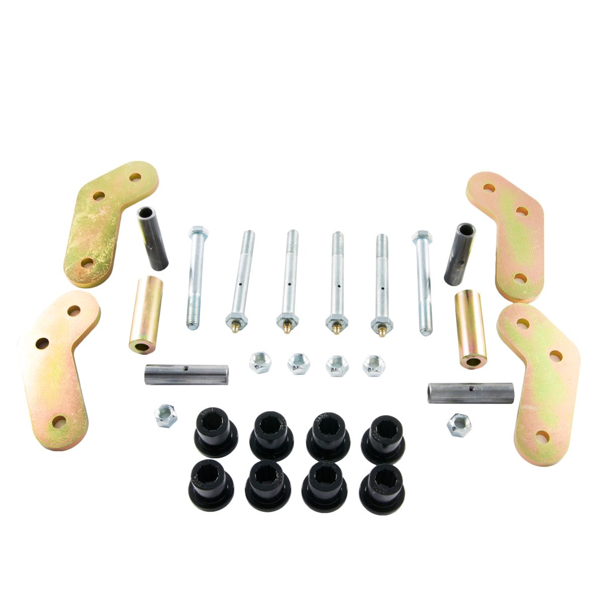 Boomerang shackle hardware kit with bolts, bushings, and plates for Jeep Wrangler YJ 1987-1995