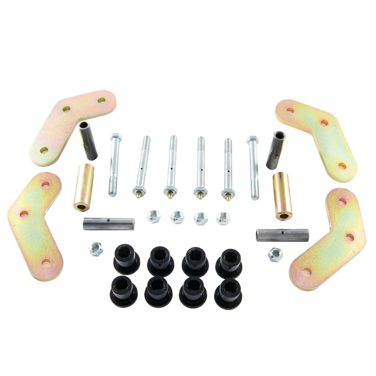 Boomerang shackle kit with bolts, bushings, and hardware for Jeep Wrangler YJ 1987-1995
