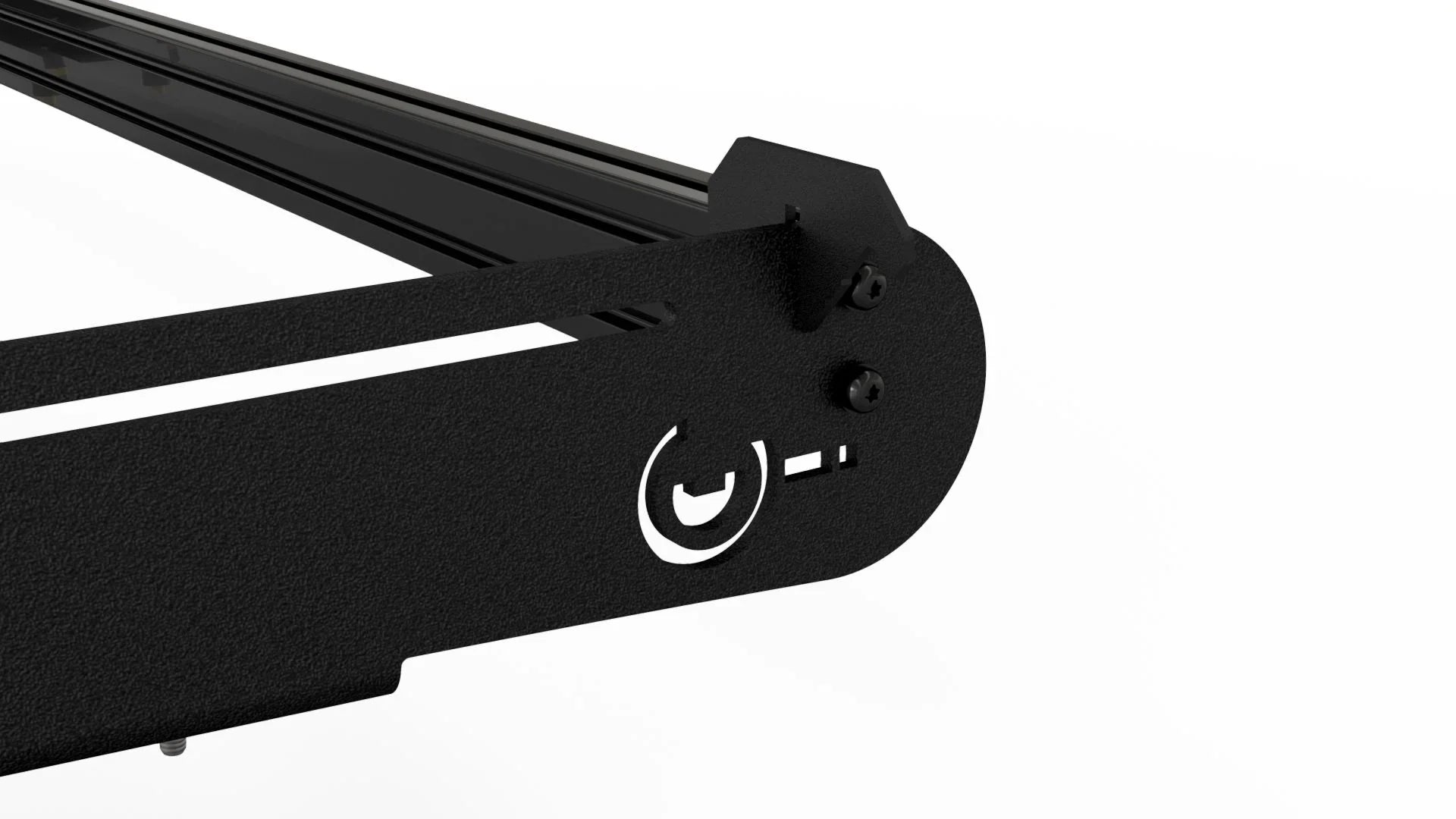 Black metal bottle opener mounted on a rugged roof rack, suitable for overlanding vehicles.