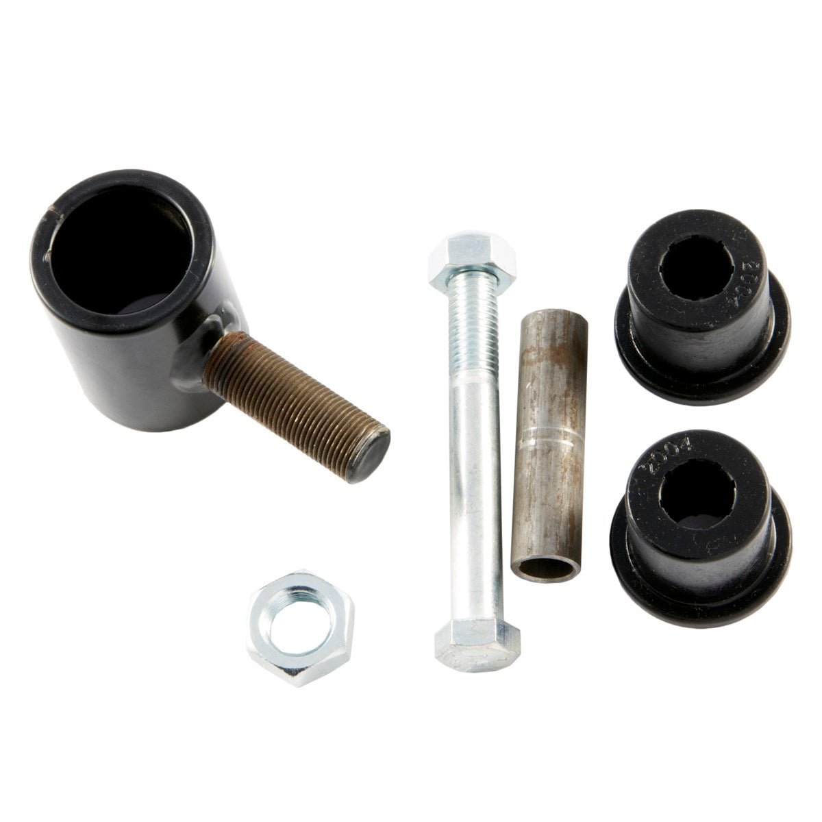 Boulder bushing bolt kit with metal sleeve, nut, and two black bushings for off-road vehicles