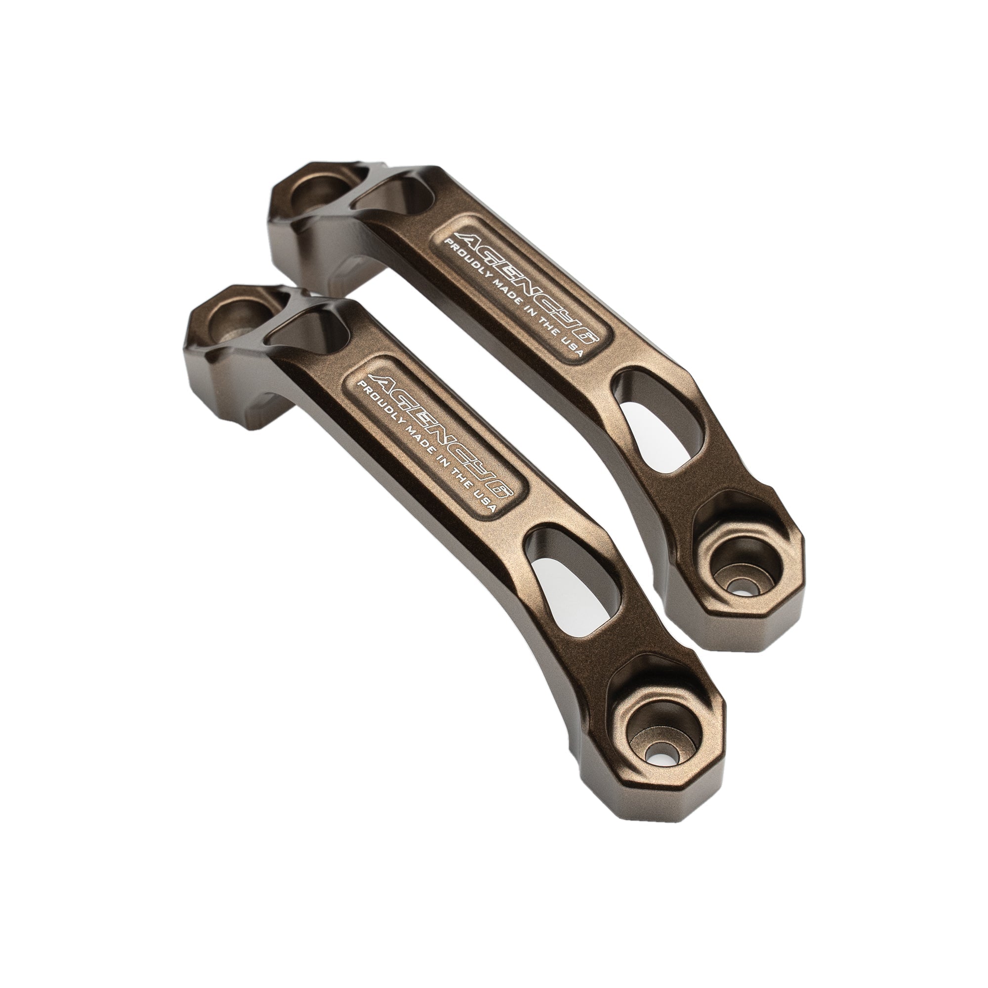 Pair of bronze aluminum grab handles with cutout design for off-road vehicle interiors