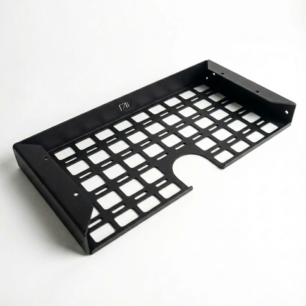 Black steel molle panel cargo storage shelf for off-road vehicle organization