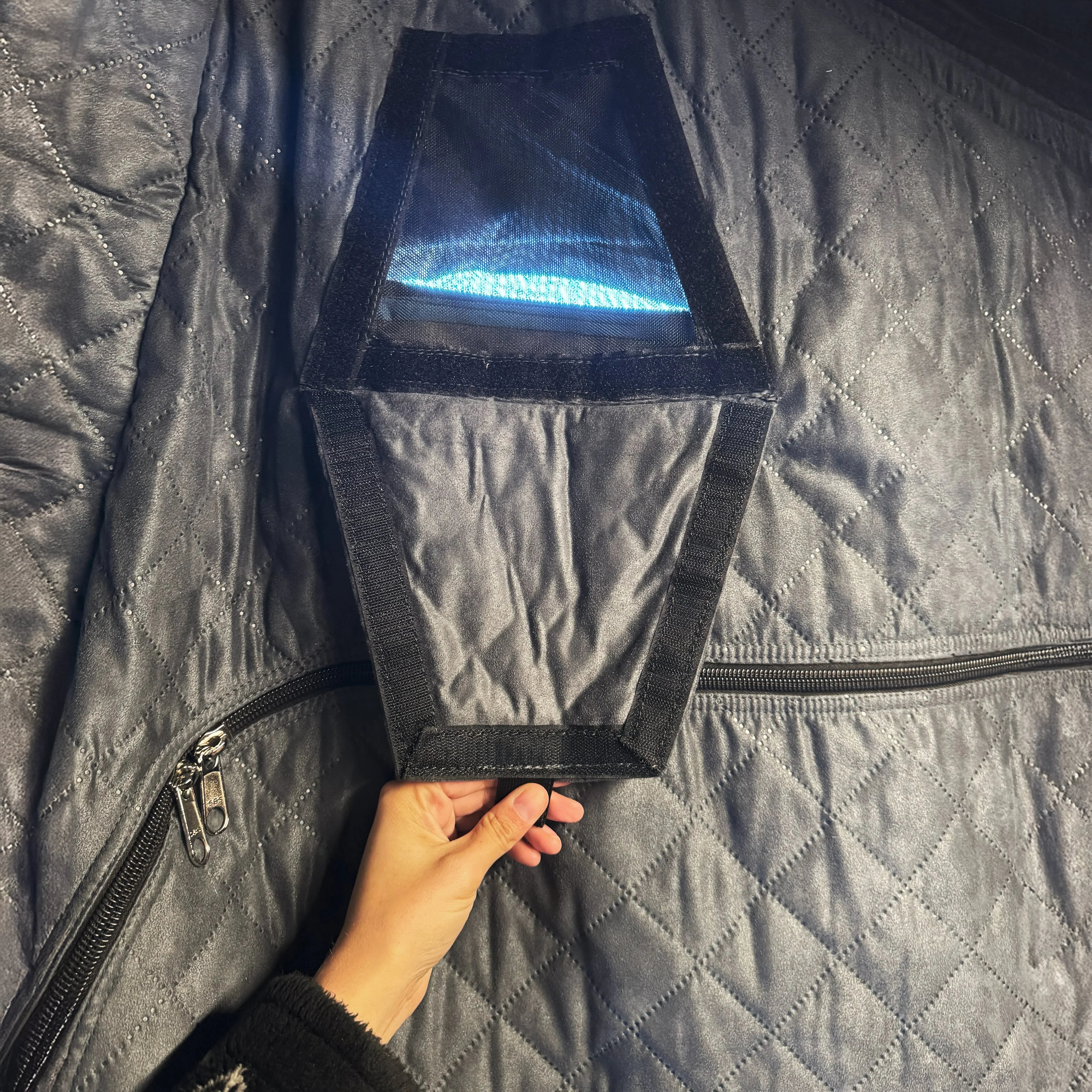 Hand opening quilted canopy camper insulation vent with mesh window for ventilation
