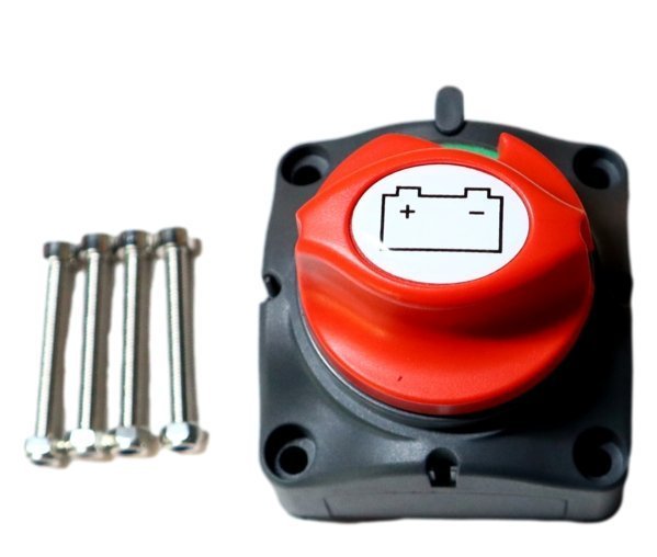 Waterproof battery isolator switch with red knob and bolts for off-road vehicle accessories