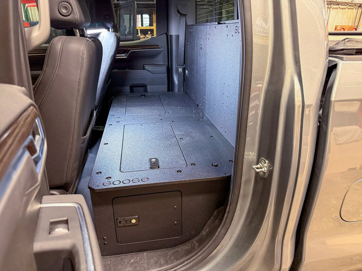 Goose Gear second-row seat delete plate system for Silverado and Sierra Double Cab