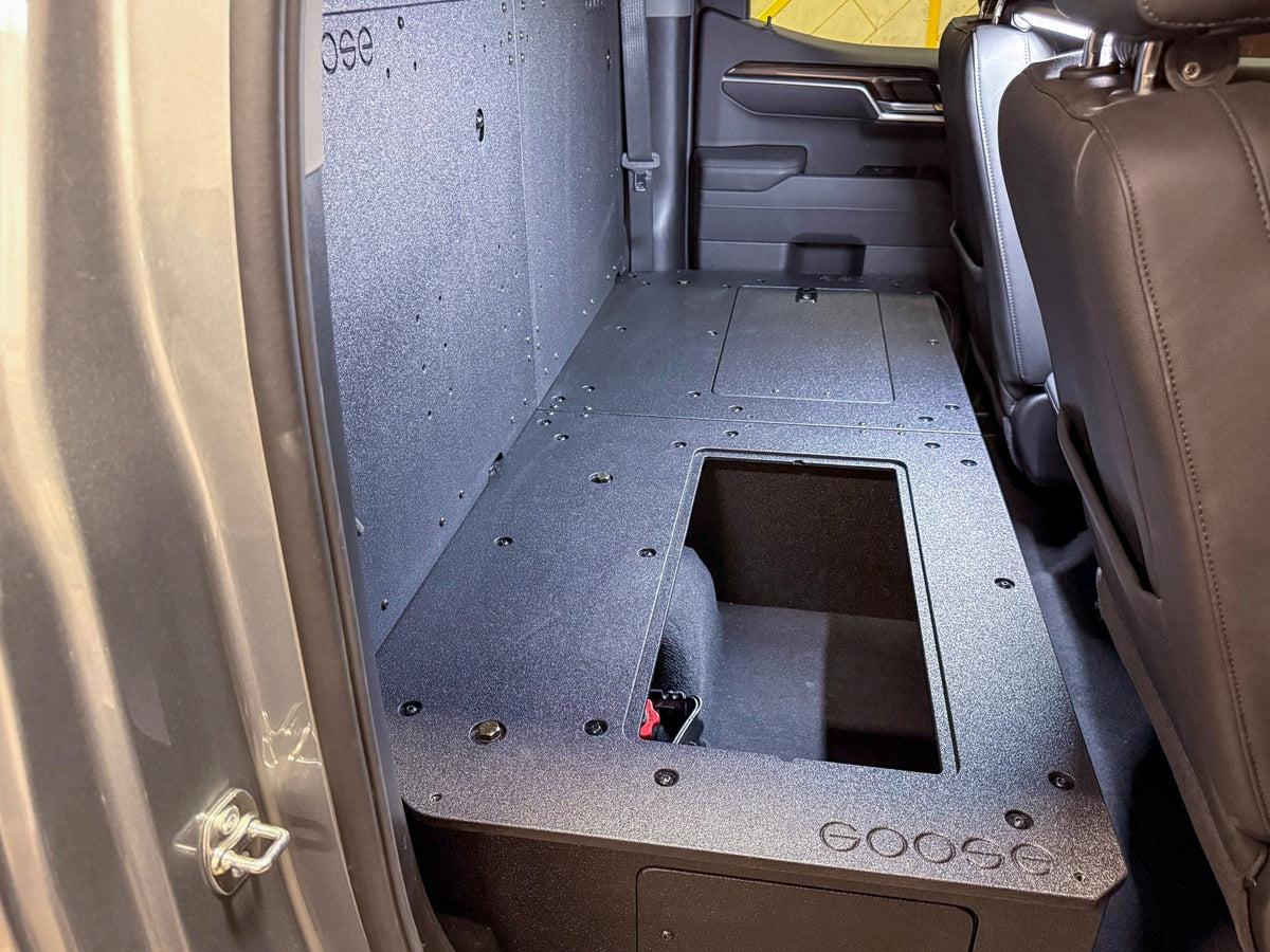 Goose Gear second-row seat delete plate system for Silverado and Sierra Double Cab